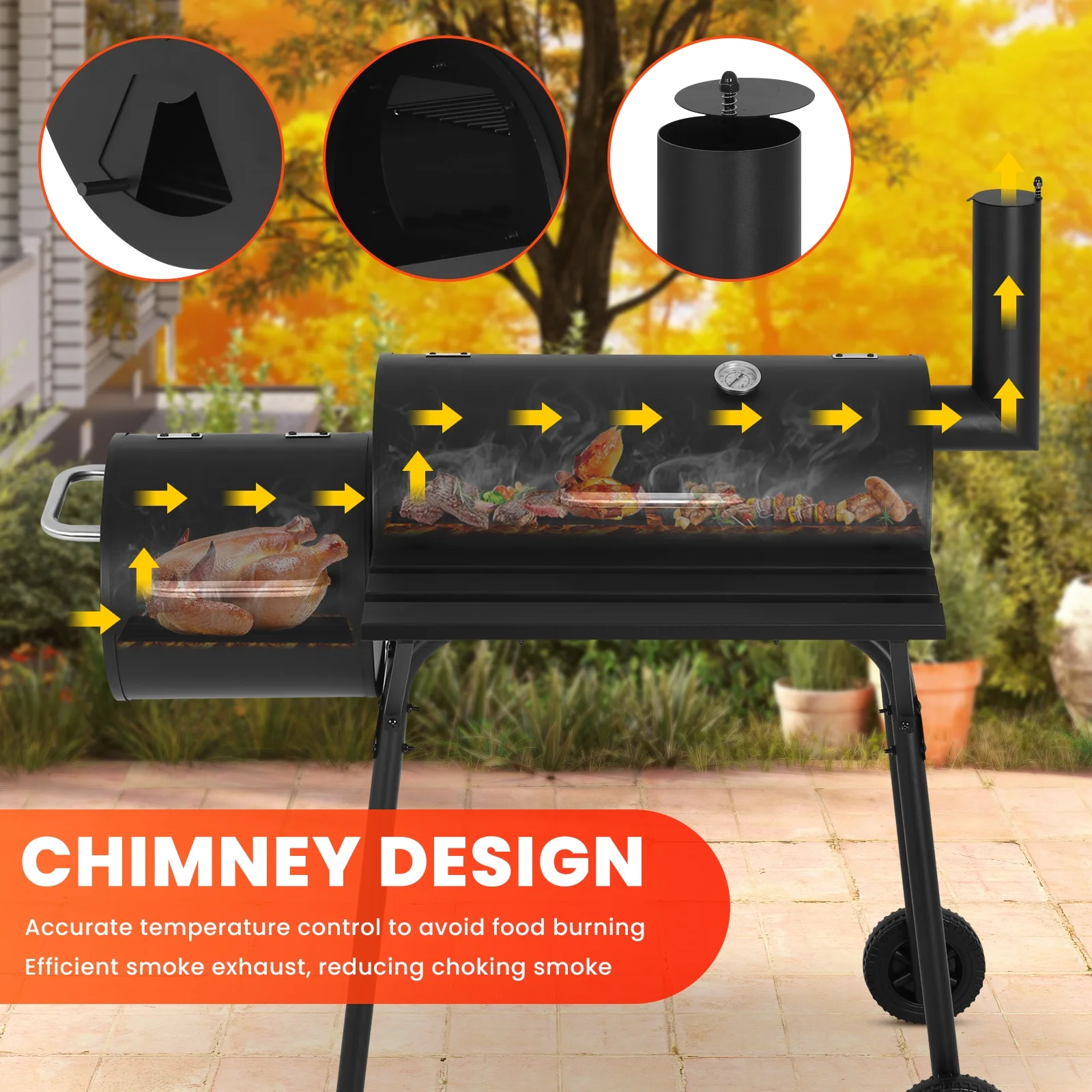 BIQWBIC 43 Charcoal Grill with Offset Smoker - Heavy Duty BBQ Grill for Backyard, Camping & Patio, Portable Charcoal Grills with Temperature Gauge & Wheels, Fits 6-10 People