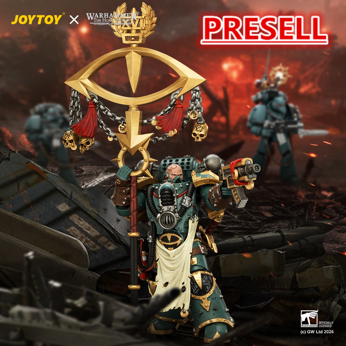JOYTOY JT04339 Warhammer The Horus Heresy 1:18 Sons of Horus Maloghurst the Twisted the Warmaster's Equerry with Legion Standard and Banestrike Bolter - JOYTOY WORLD