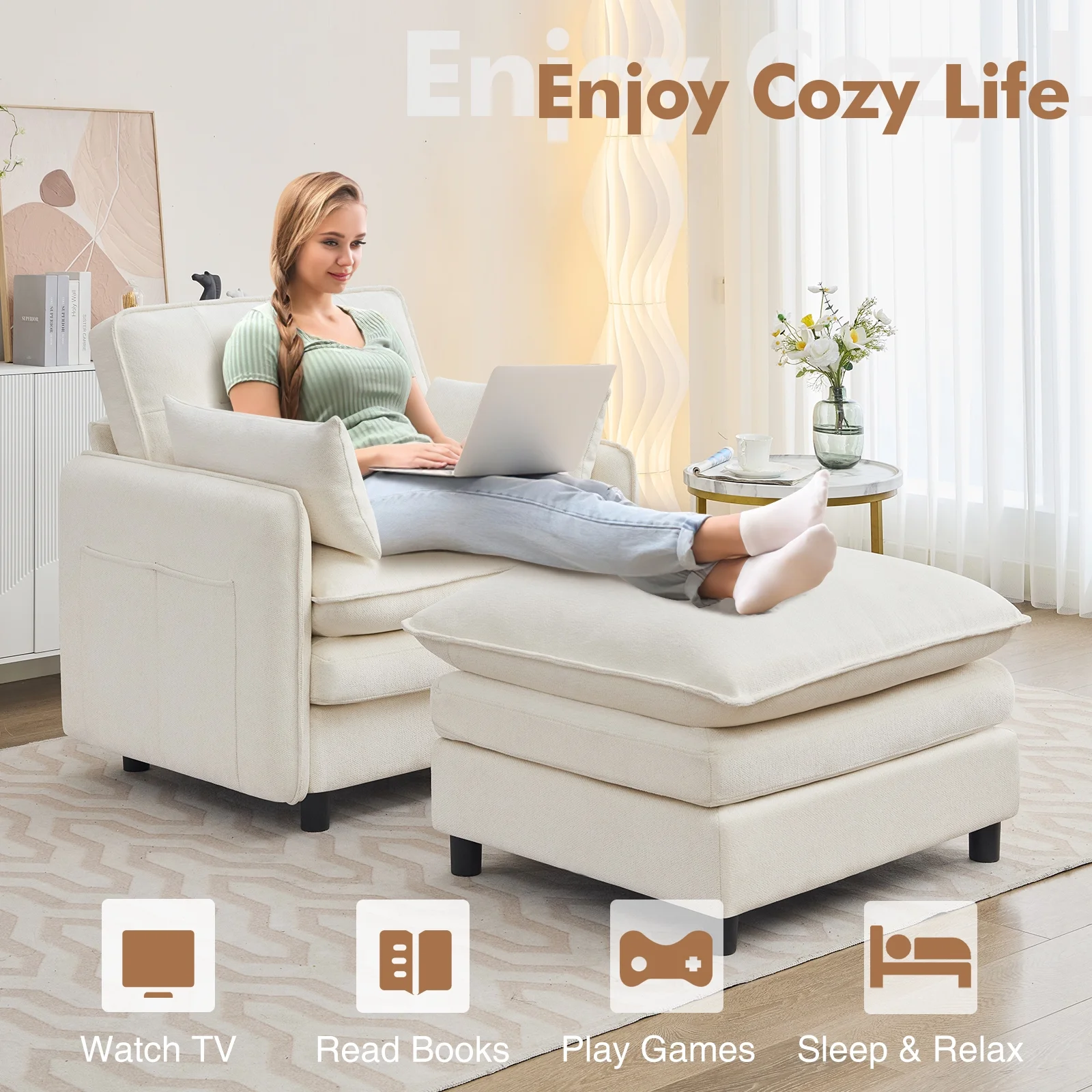 Aemeios Upholstered Chenille OversizedAccent Armchairs with Ottoman and Side Pocket, Cream