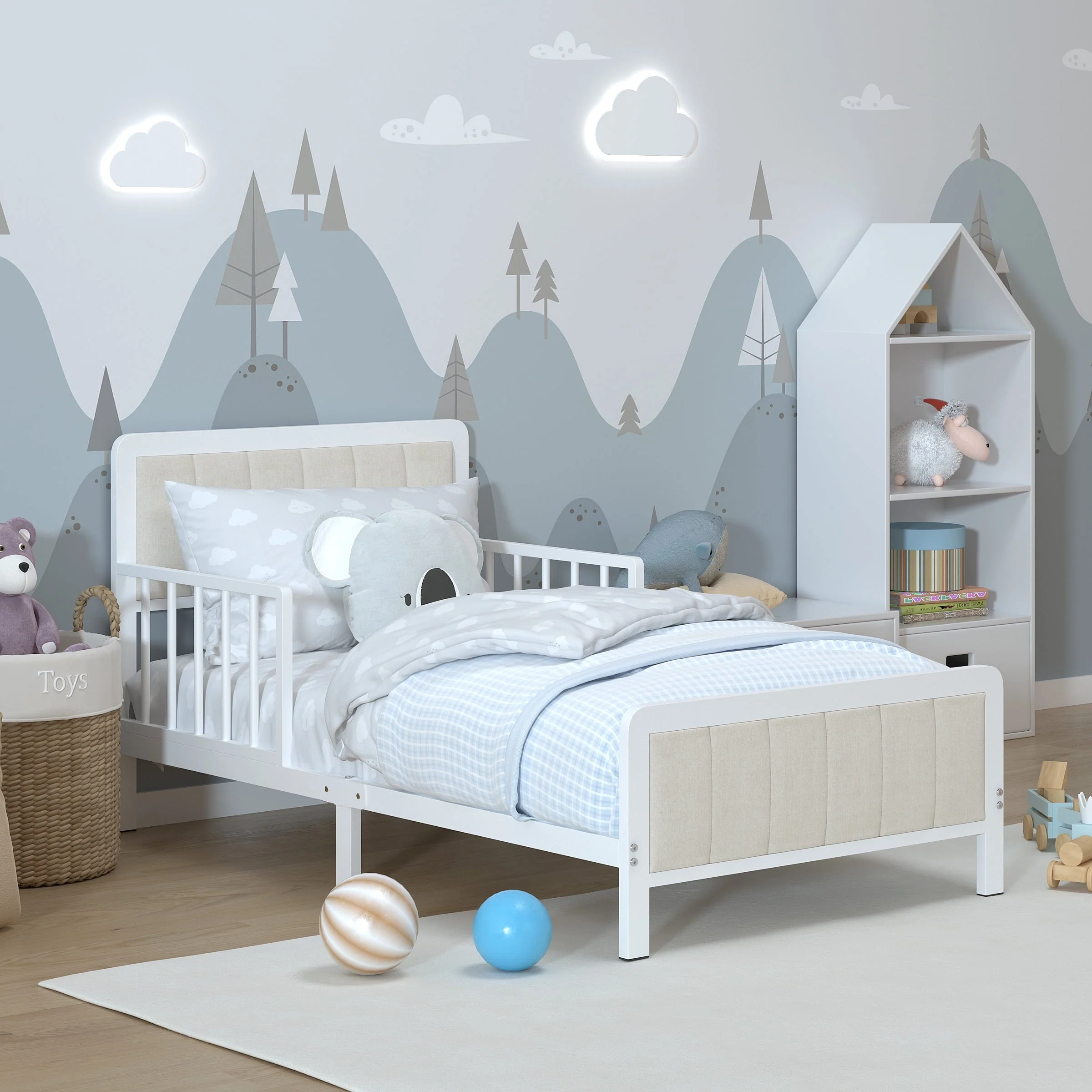 Yoneston Toddler Metal Platform Bed Frame with Guardrails, Children Crib Upholstered Bed Frame for Boys, Girls, Toddler ?White