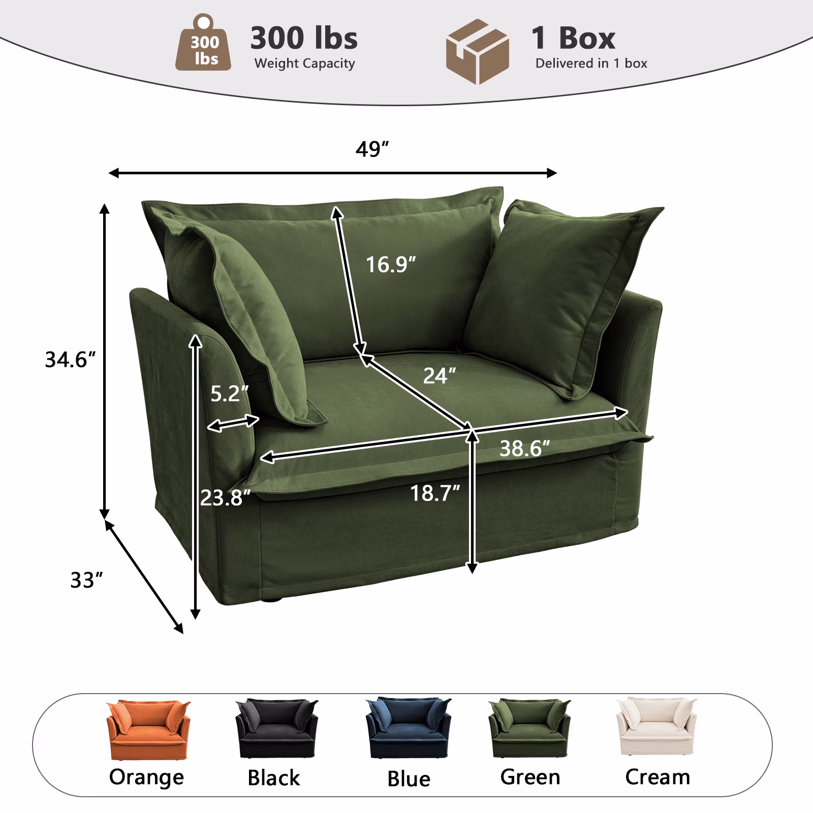 49" W Oversized Chenille Accent Chair with Removable & Washable Slipcover, Deep Seat Comfy Lounge Armchair for Living Room or Bedroom,Green