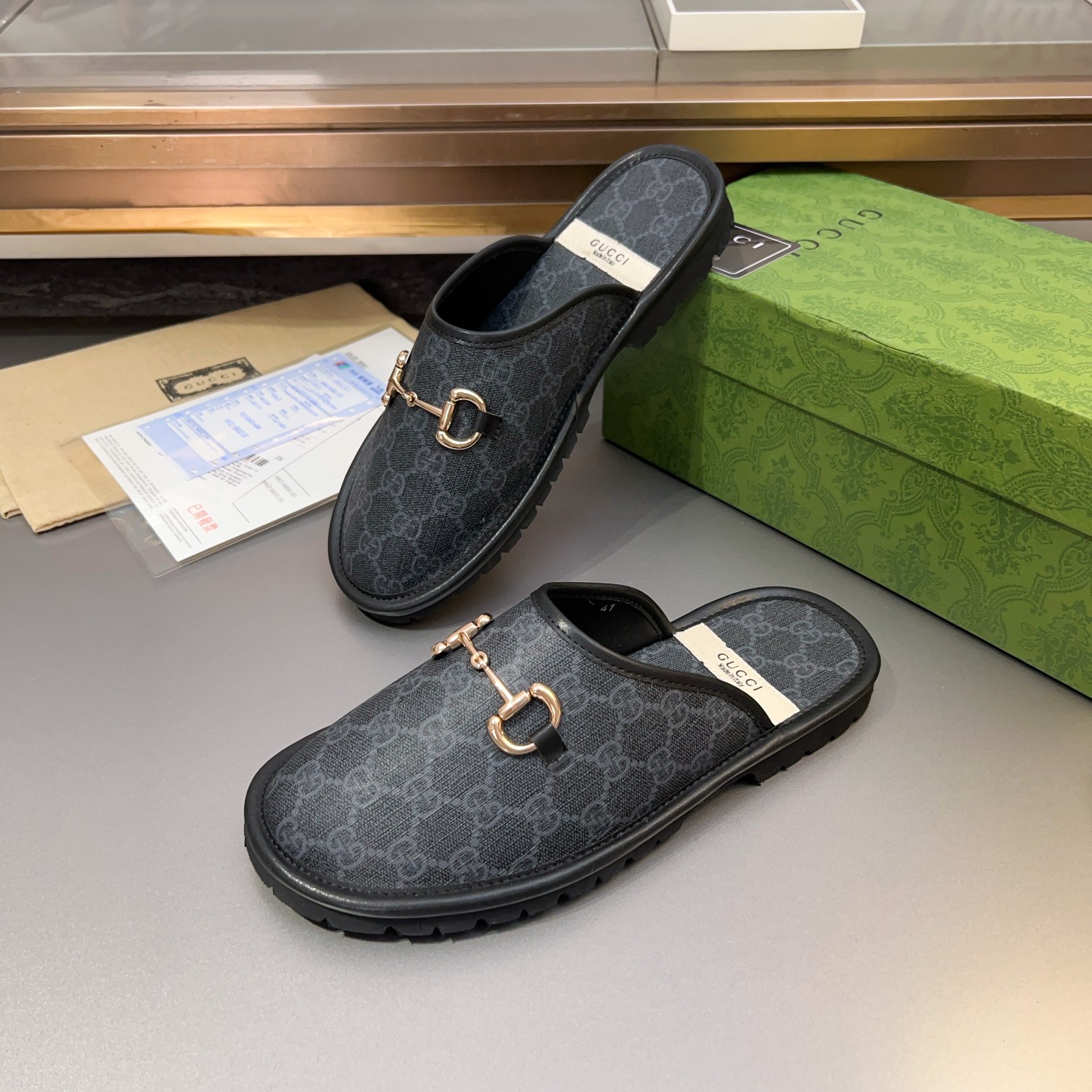 Gucci Monogram Horsebit Men Flat Mules