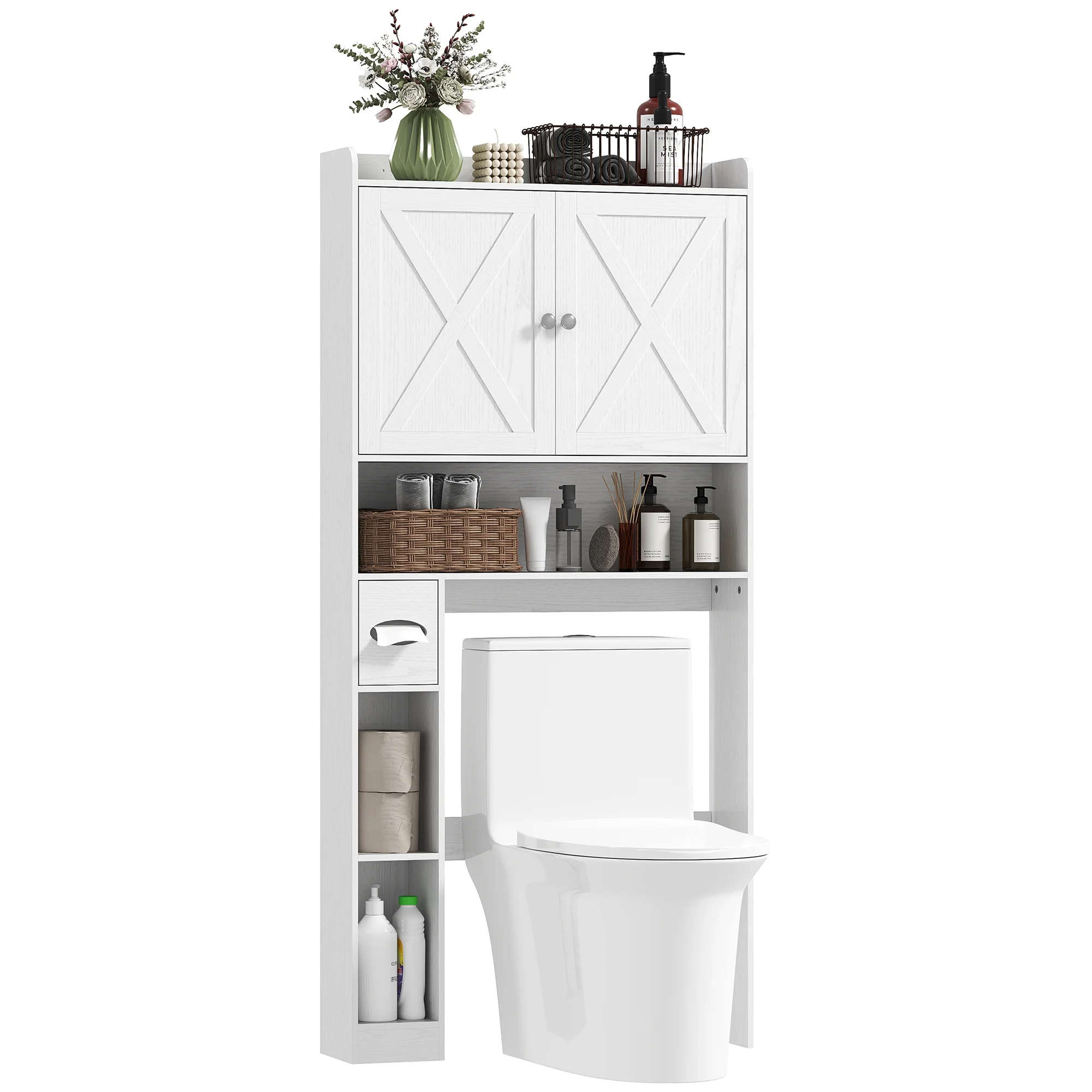 HOMCOM Over the Toilet Storage Cabinet, Farmhouse Above Toilet Bathroom Organizer with Barn Doors, Adjustable Shelf, Toilet Paper Holder, White