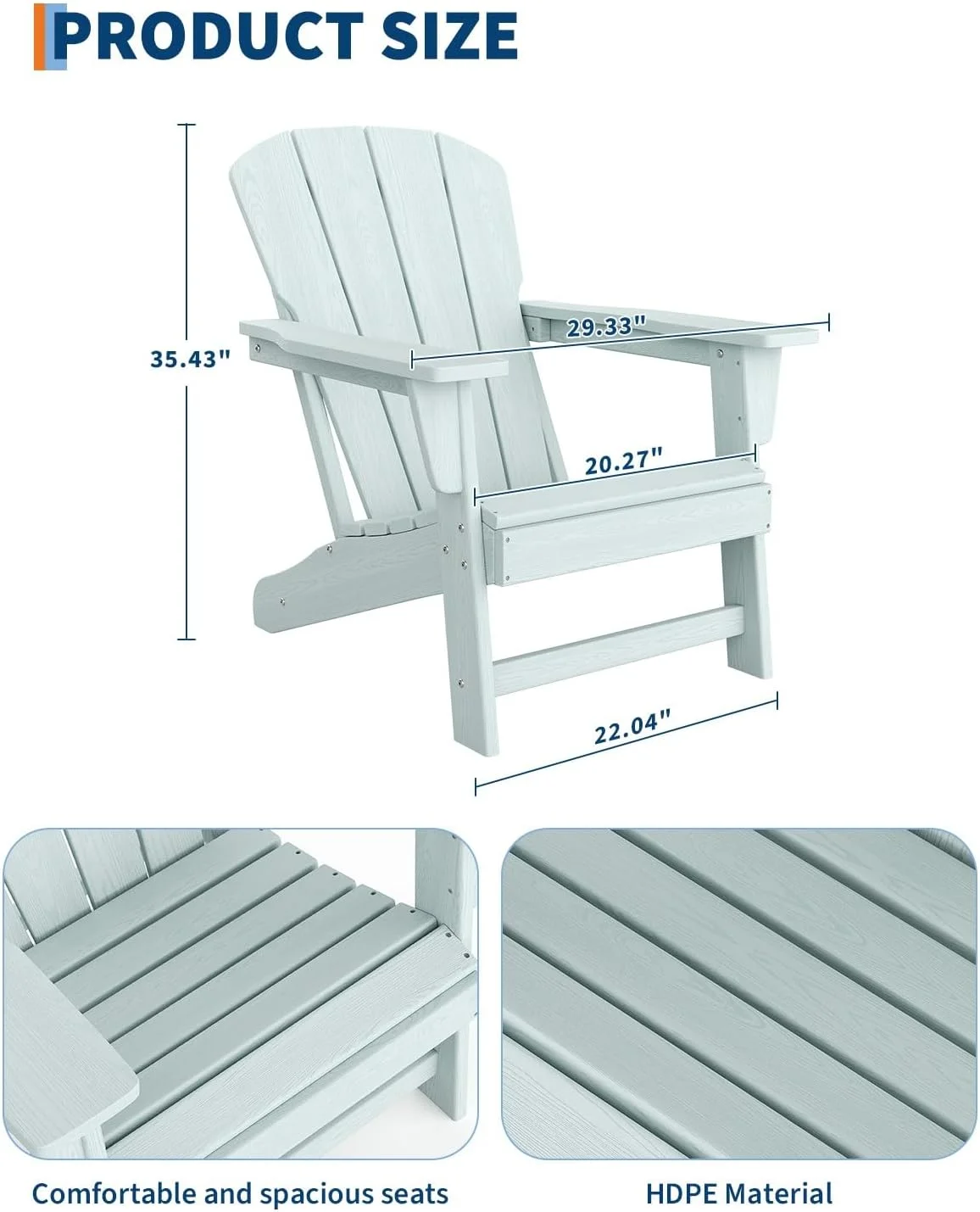 Modern HDPE Plastic Adirondack Chair - Oversize 380LB Poly Lumber Weather Resistant Firepit Chair - Outdoor Patio Chairs , Backyard, Lawn, Deck, Pool, Porch - Light Blue