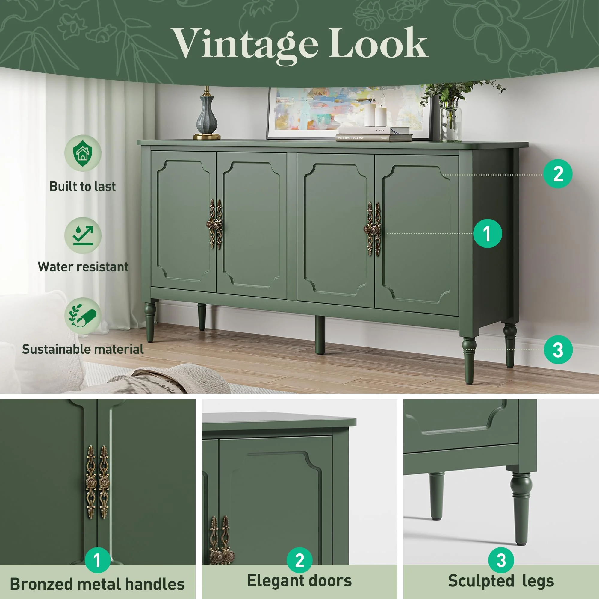 CozyHome Mid Century Modern Sideboard Buffet Cabinet with Storage, 58'' Console Cabinet, Green