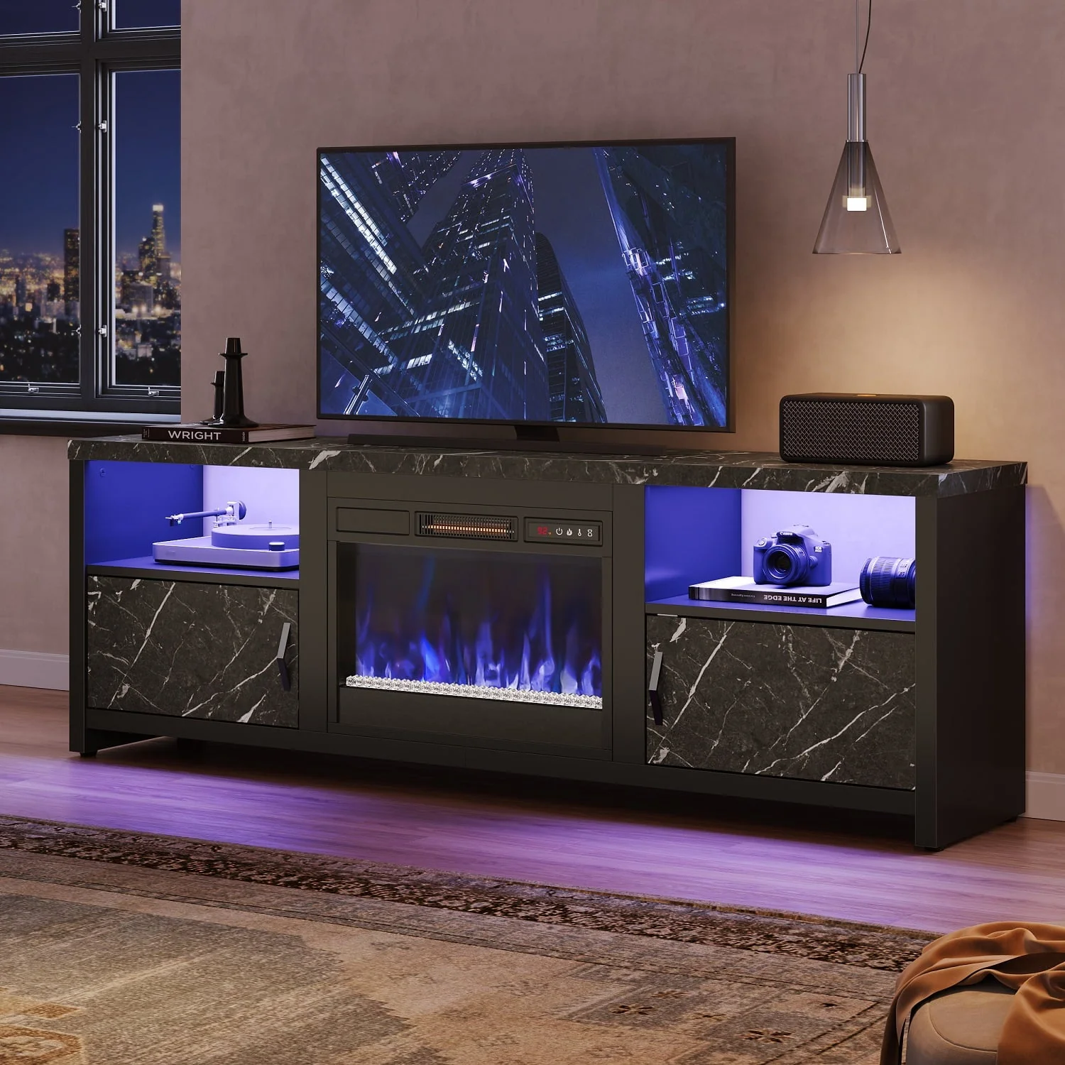 Bestier Electric Fireplace TV Stand for TVs up to 80", Entertainment Center with LED Lights, Black Marble