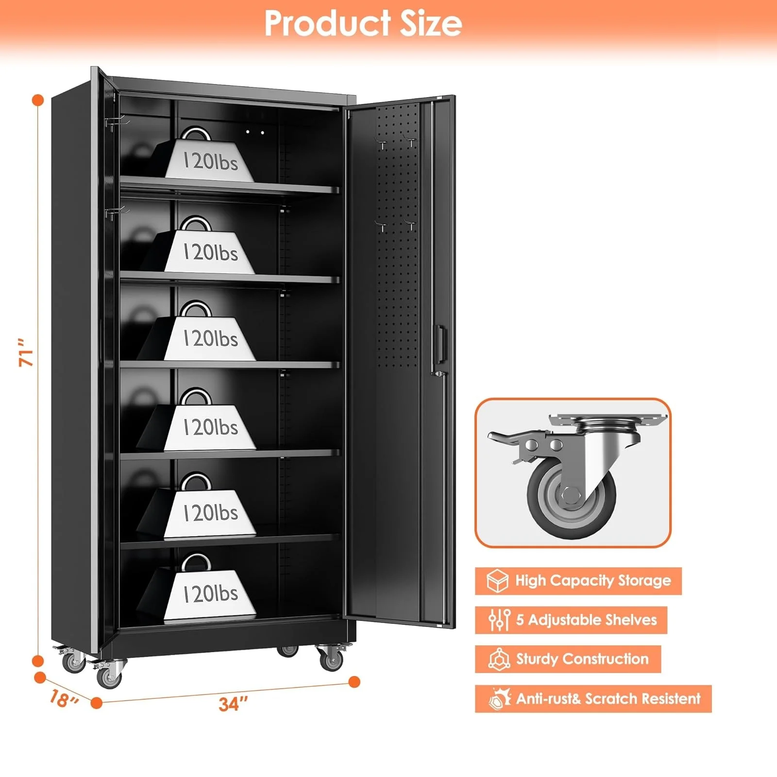 Lockable Mobile Storage Cabinet with 5 Shelves & Pegboard, for Garage Office Kitchen, Black