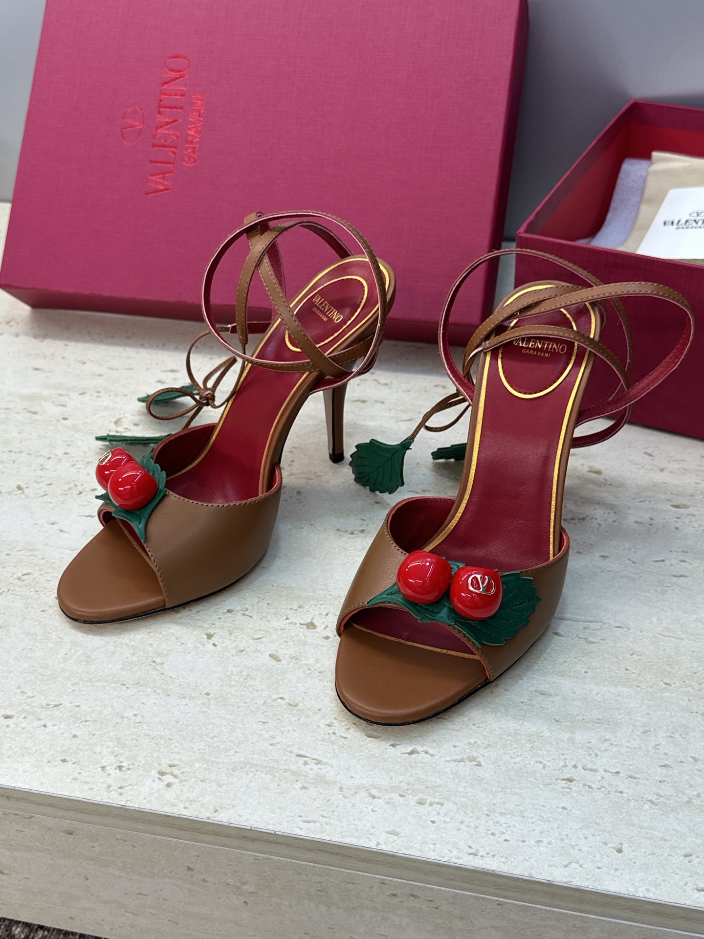 Valentino Garavani Brown 3D Cherry Leather Leaf Charm Metallic Leather Stiletto Toe Heel Sandals