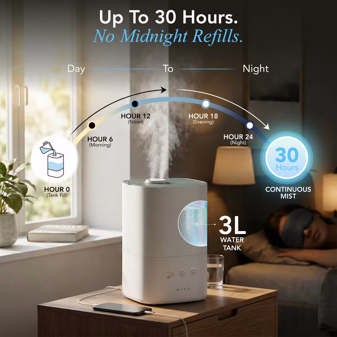 Miko  Breeze 3-Speed Ultrasonic Cool Mist Humidifier with Top-Fill Tank & Aroma Tray