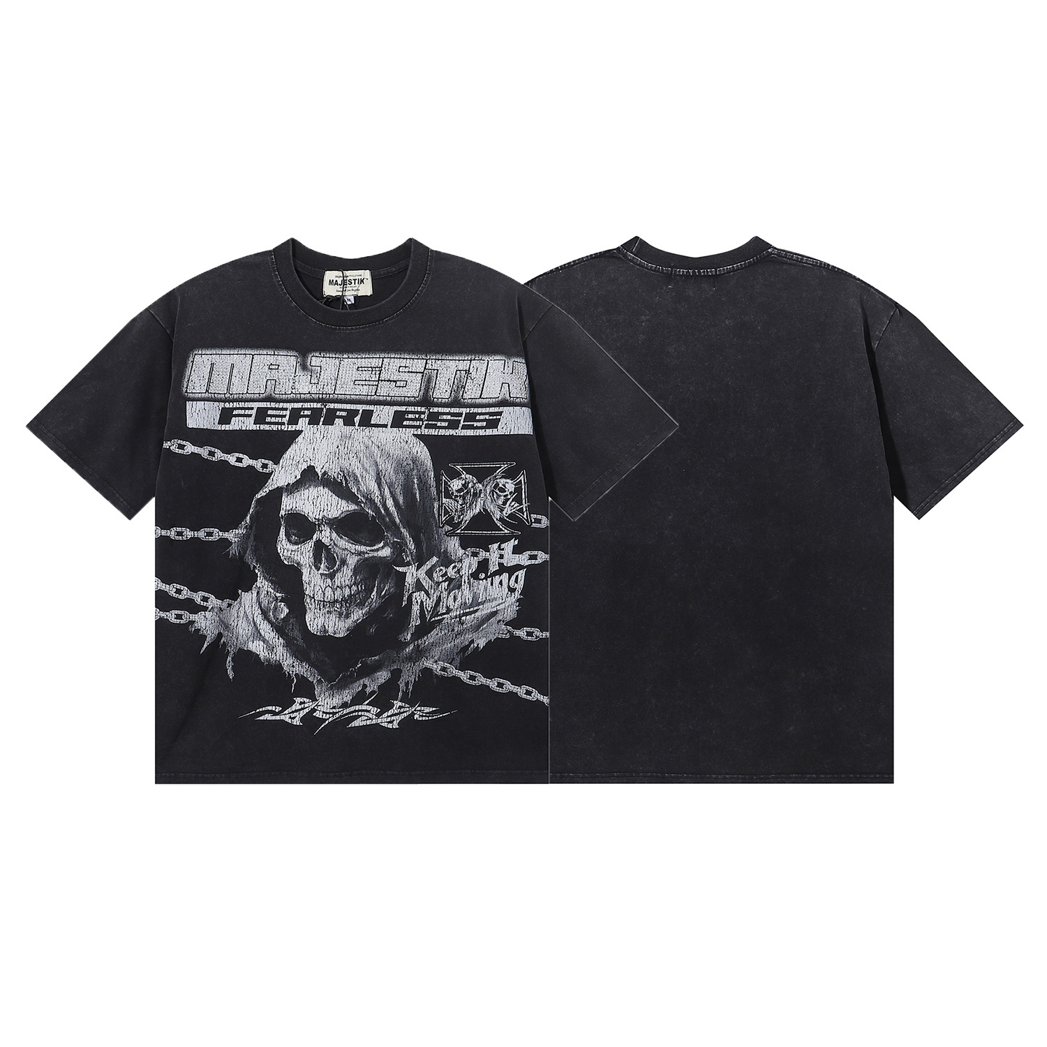 Dark Chain Washed Dyeing Printed Short-Sleeved T-Shirt