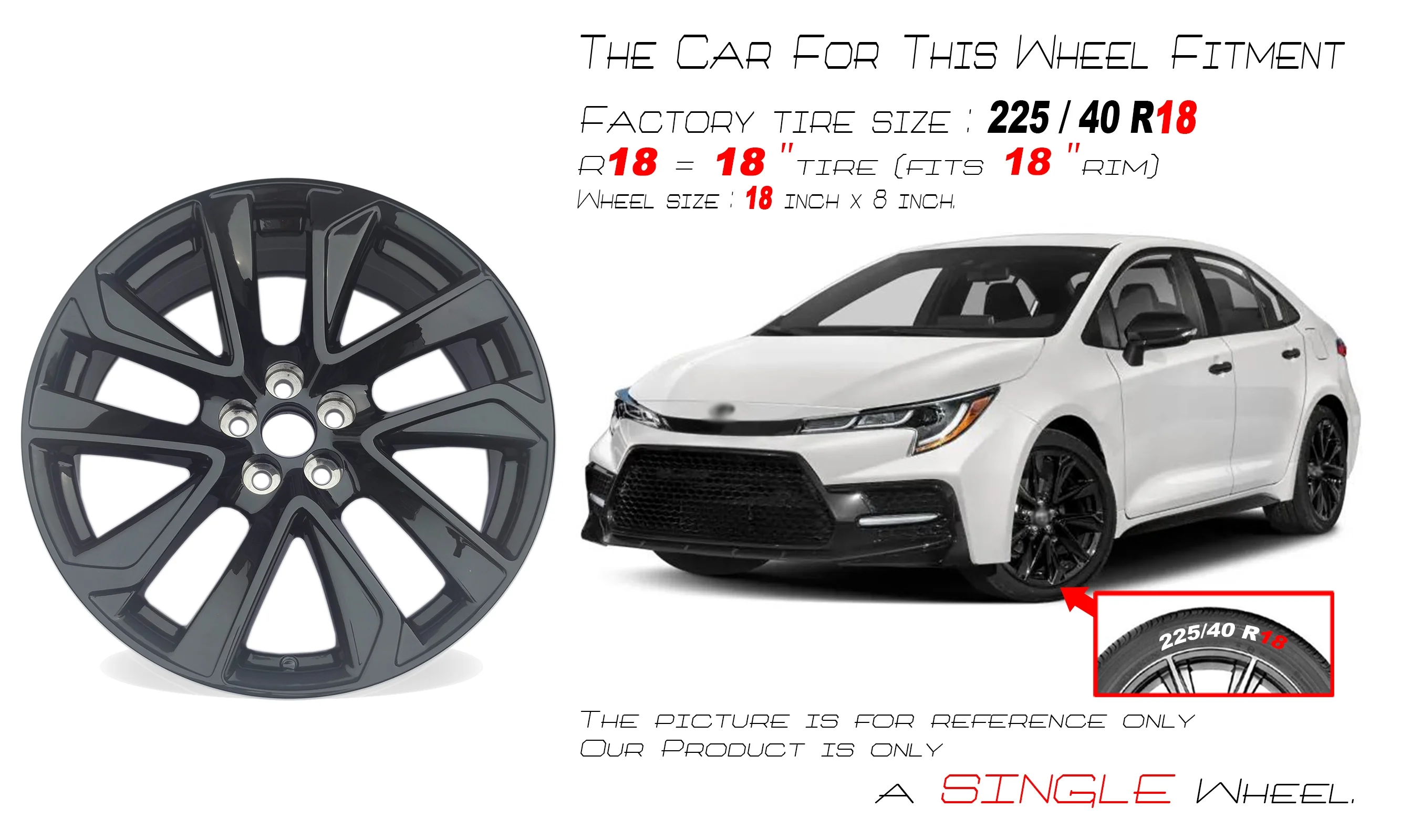 18" Single 18x8 Gloss Black Alloy Wheel For Toyota Corolla 2019-2022 OEM Design Replacement Rim