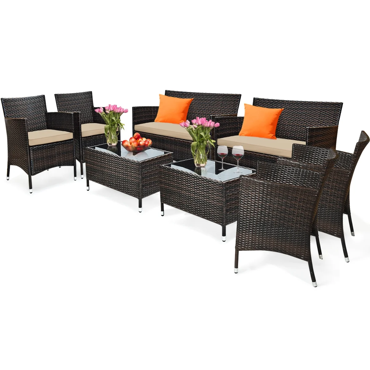 Gymax 8PCS Patio Rattan Outdoor Furniture Set w/ Cushioned Chair Loveseat Table