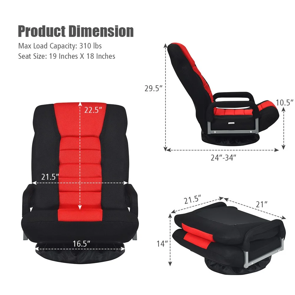 360-Degree Swivel Gaming Floor Chair with Foldable Adjustable Backrest Red