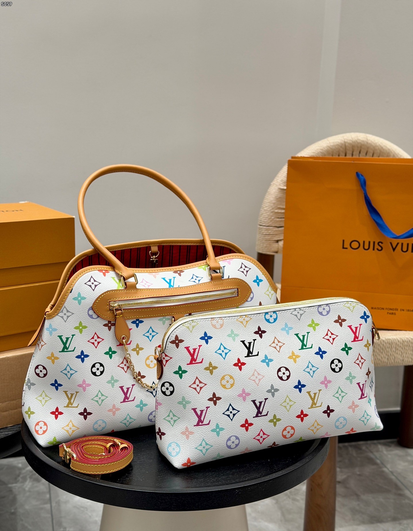 LV x TM GM Montorgueil Ever More Monogram White Multicolore Top Handle Bag With Pouch