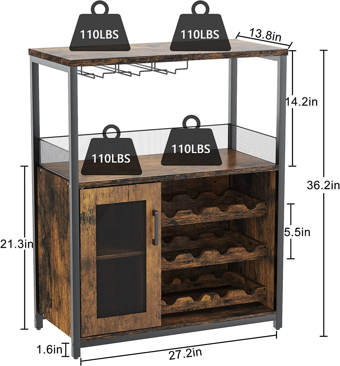 Litake Wine Bar Rack Cabinet with Detachable Wine Rack, Bar Cabinet with Glass Holder, Small Sideboard and Buffet Cabinet with Mesh Door, Rustic Brown