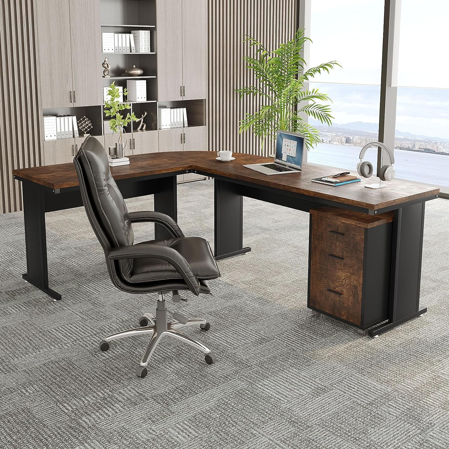 Tribesigns 83" L-Shaped Executive Desk, Large Office Desk with 3-Drawer Mobile File Cabinet, Industrial Corner Computer Desk with Storage Drawers for Home Office, Rustic Brown