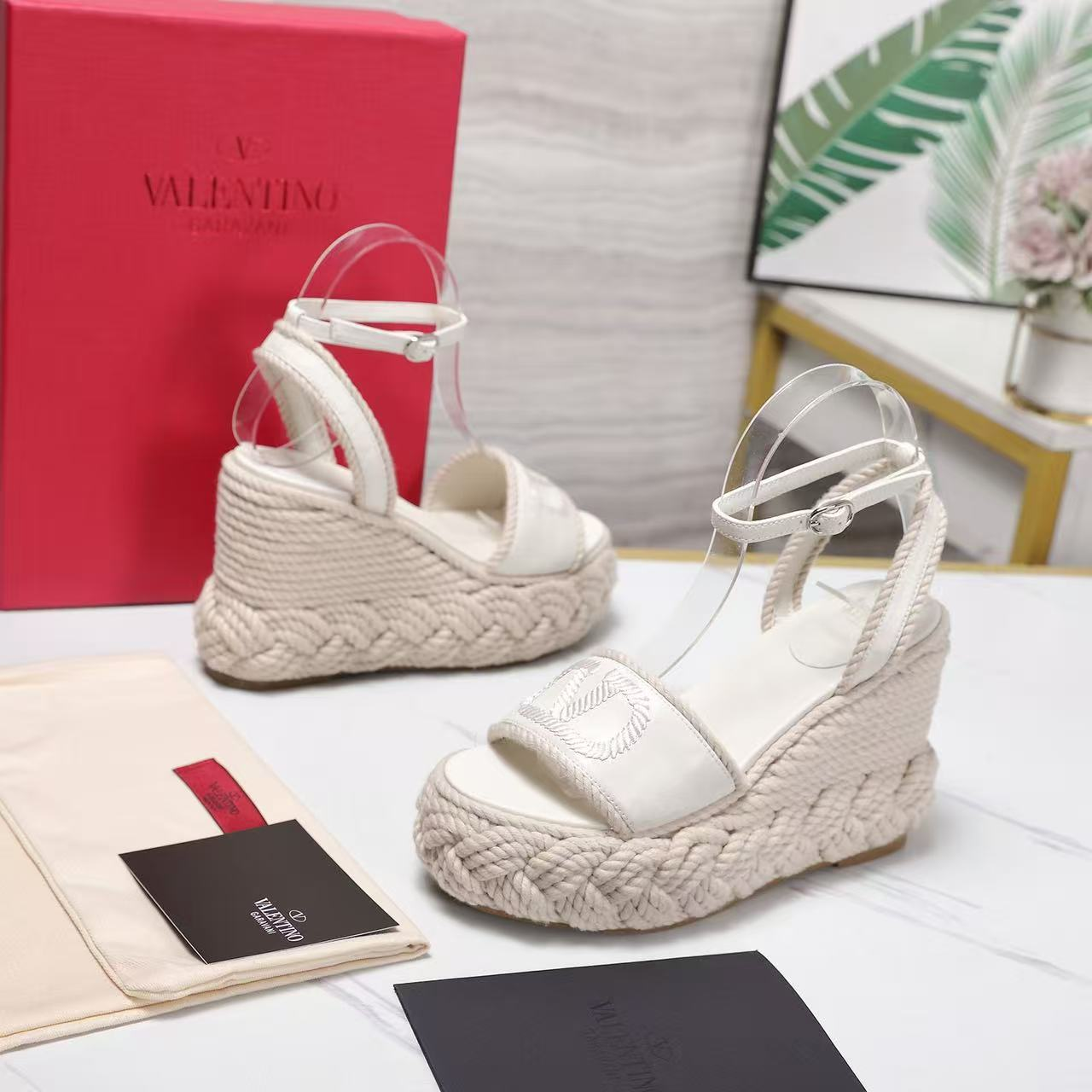 Valentino Garavani White Smooth Leather VLogo Embroidered Platform Jute Wedge Espadrille Sandal Heel