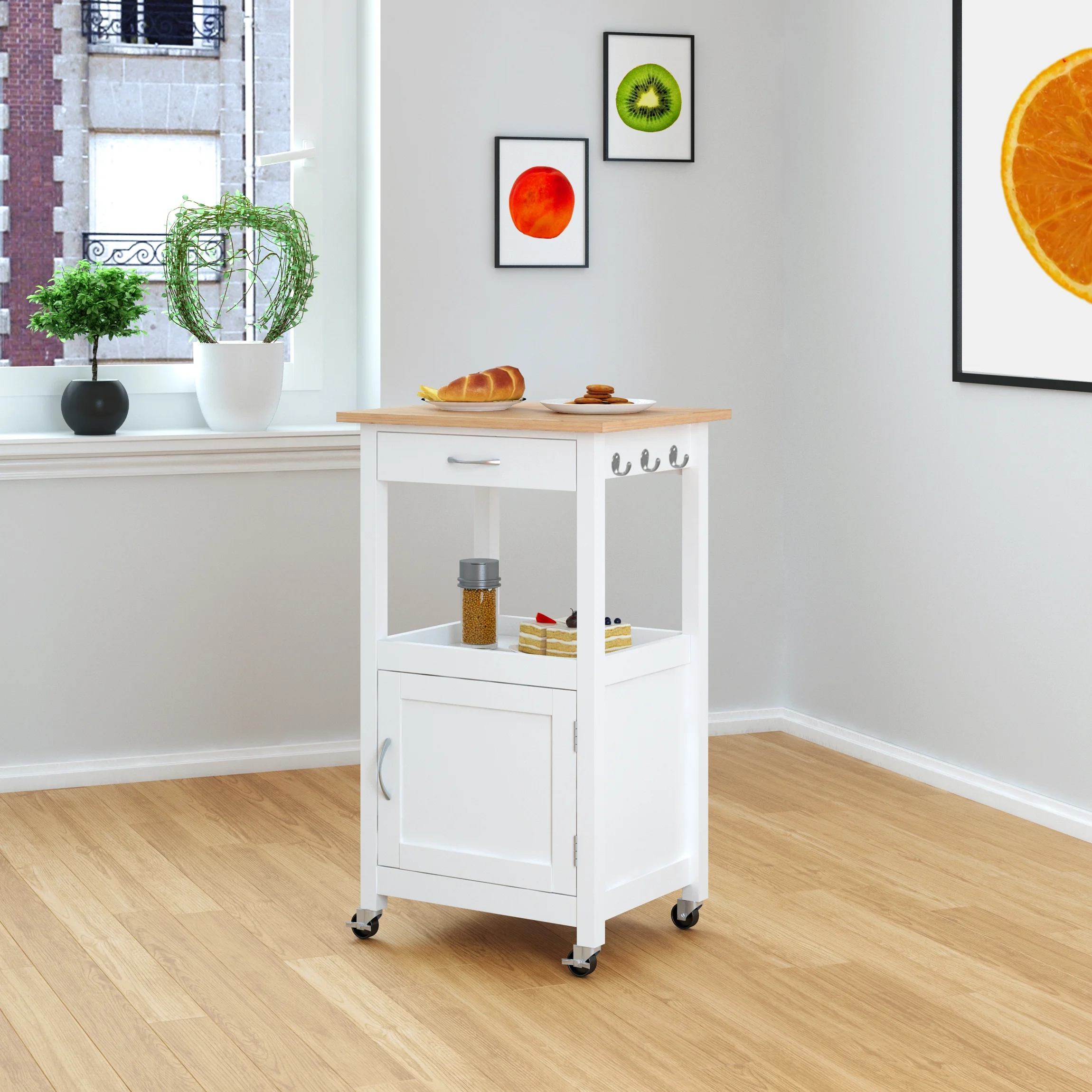 eHemco 1-Door Kitchen Island Cart on Wheels with Drawer, Storage Cabinet, Shelf and Natural Solid Hardwood Top, 34.75 Inches Height, White Base