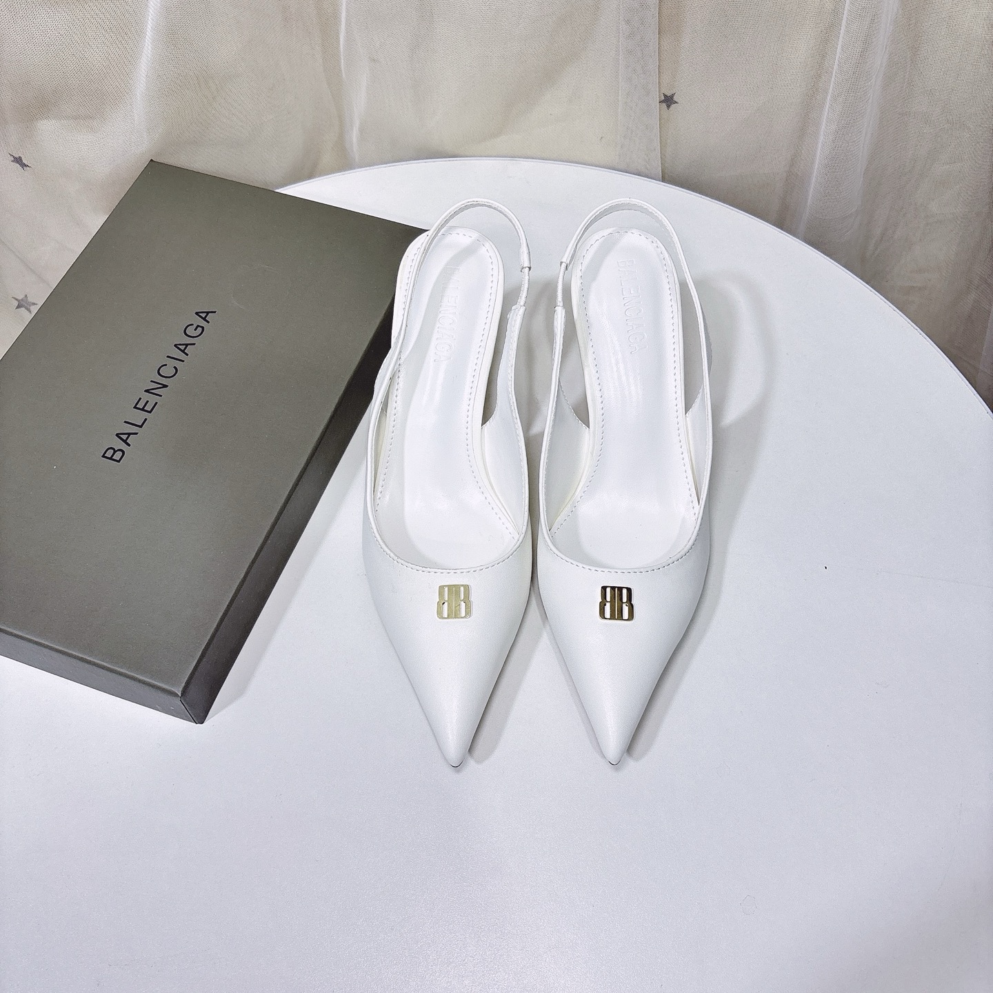 Balenciaga Pointed Toe Gold BB Hardware Smooth Leather Knife Slingbacks Strap Heels