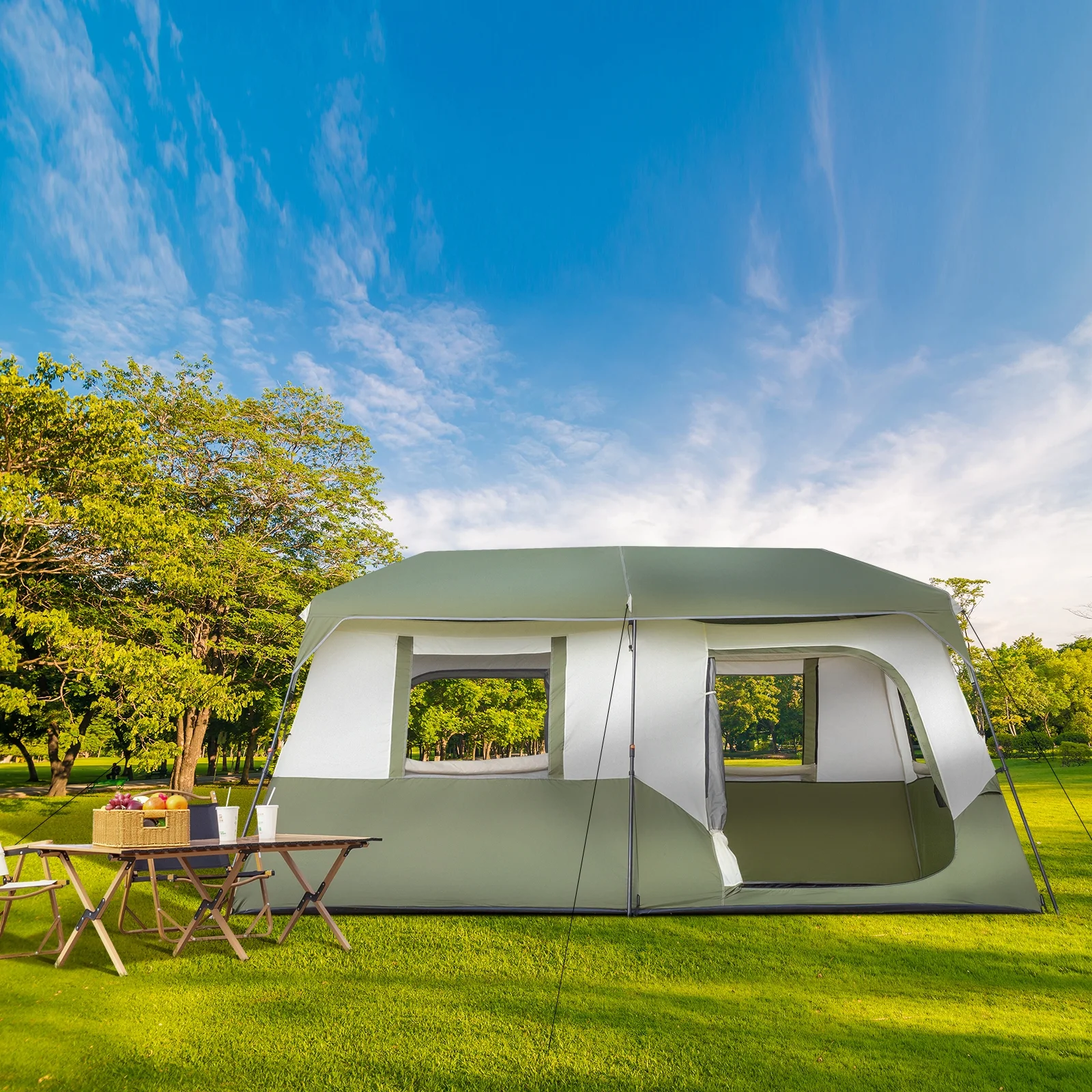 8-Person Instant Cabin Tent, Waterproof & Breathable Family Camping Tent with Rainfly, Storage Pockets, Army Green