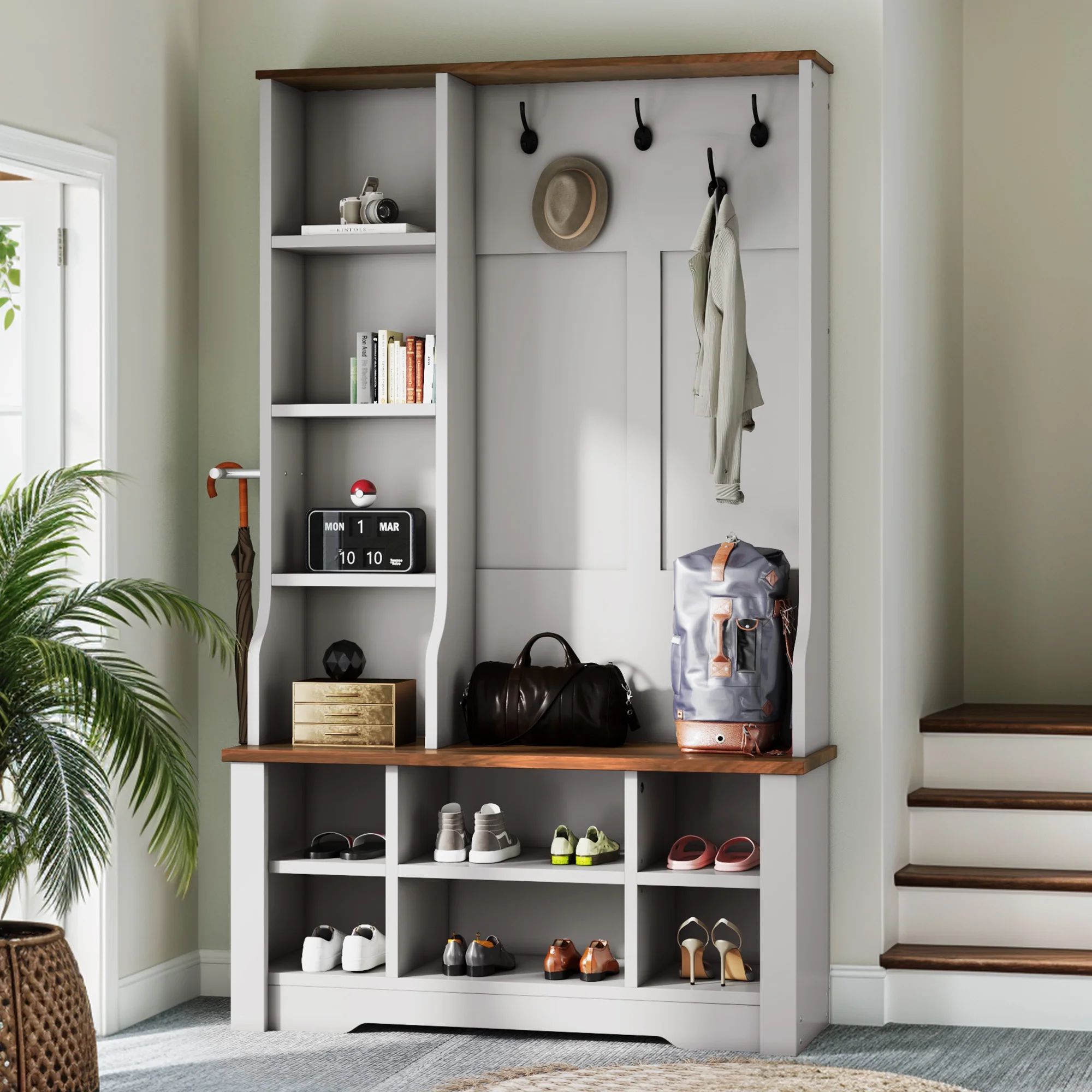 Uforic White Hall Tree with Shoe Storage, Coat Rack with Bench for Entryway, Adjustable Shelf
