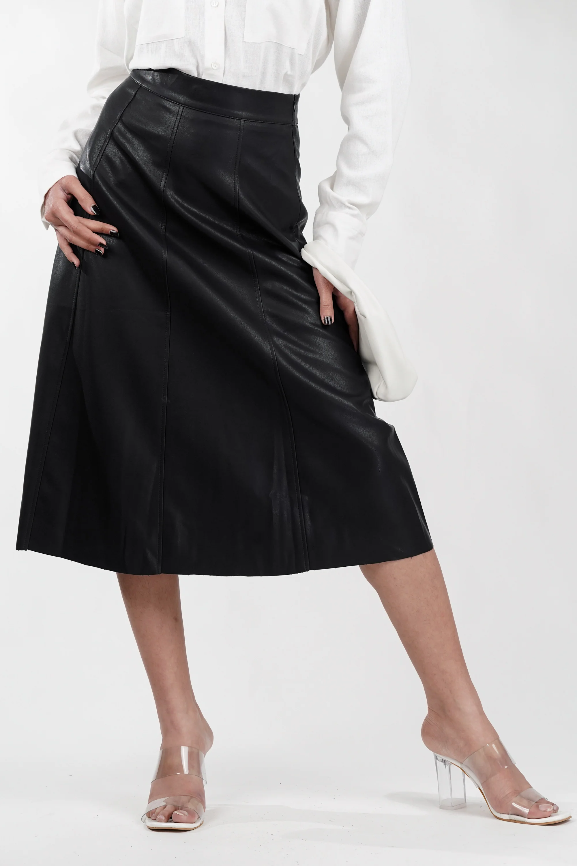 Black Panelled Edge Leather Skirt