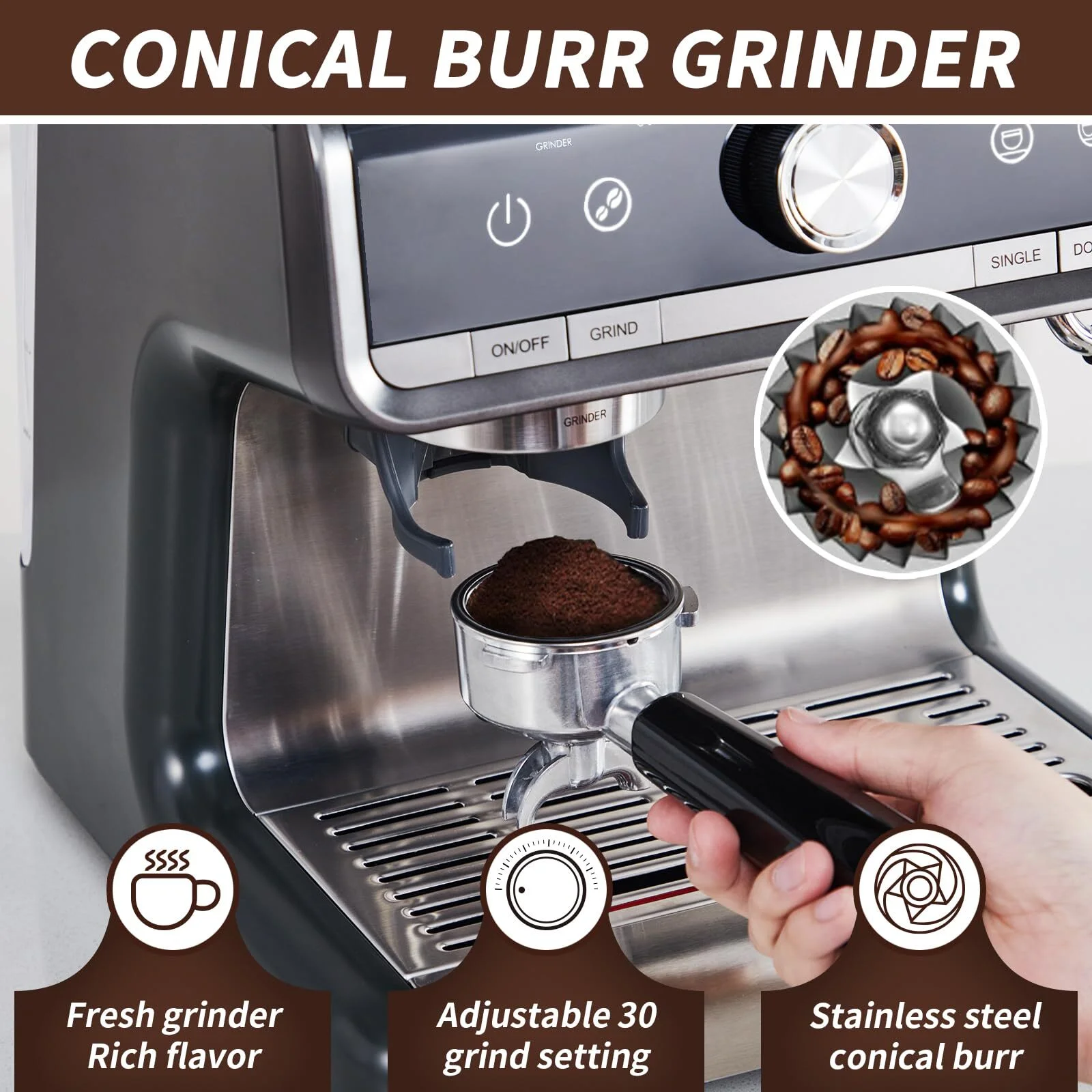 RIEDHOFF Semi-Automatic Espresso Machine with Grinder, Professional Espresso Maker with Milk Frother Steam Wand, 20 Bar Barista Cappuccino Machine