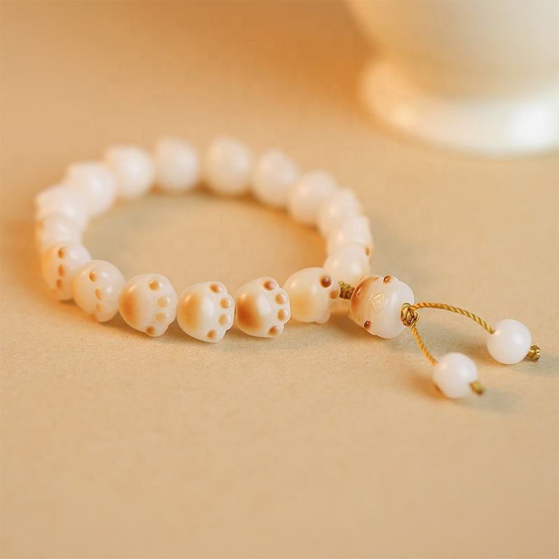 TESA2-White Jade and Bodhi Beaded Bracelet with Cat Claw Charm