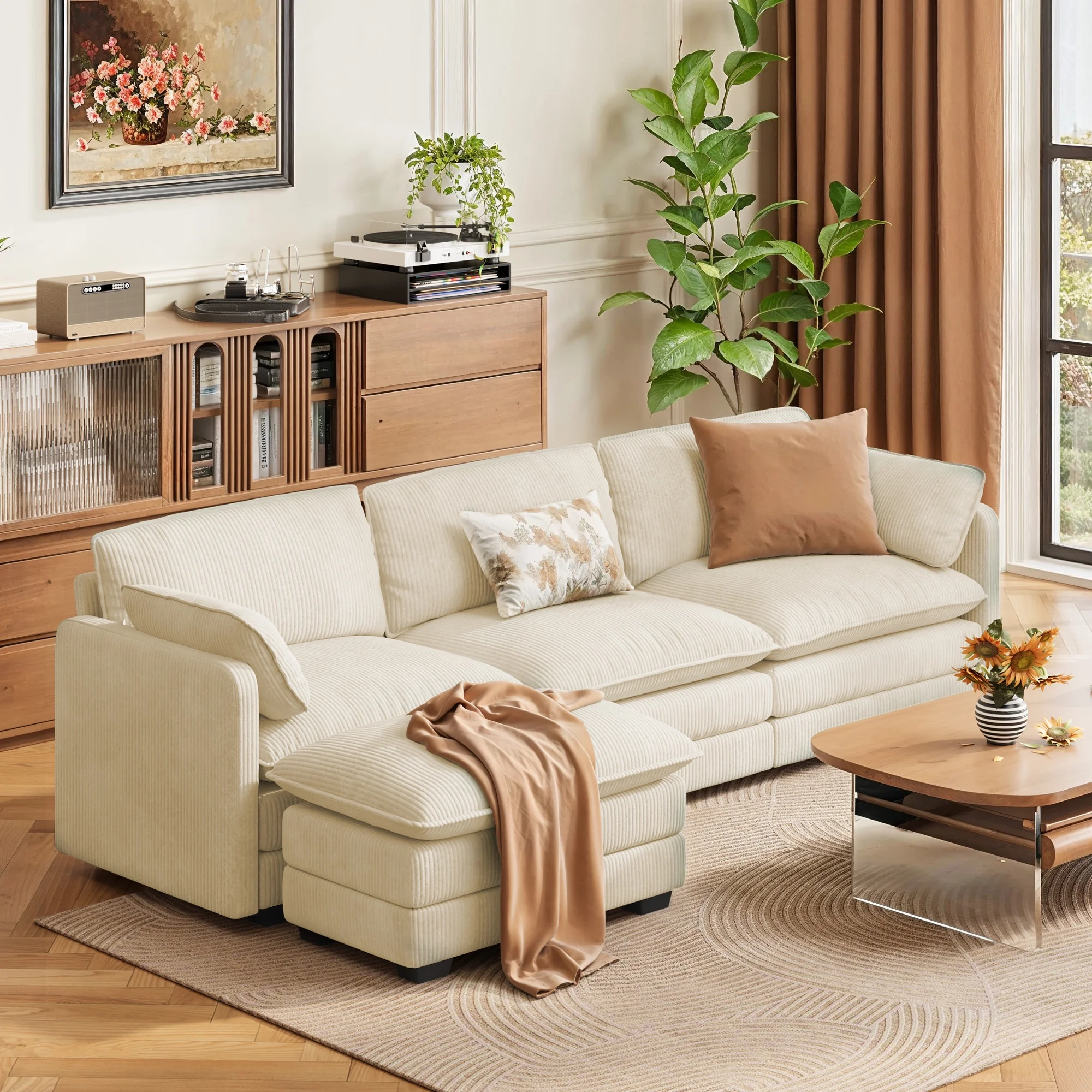 110.2" L Shaped Living Room Sofa Modular Sectional Cloud Couch with Movable Ottoman, Noelse 3-Seater Comfy Corduroy Deep Seat Sofa with 2 Pillows for Living Room, Bedroom and Apartment, Beige