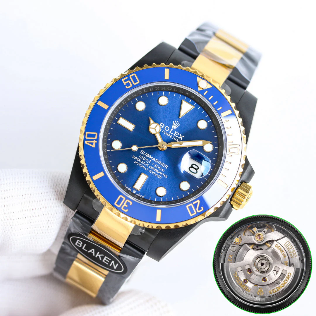 Rolex Watch Blaken Submariner 40mm Black Gold Blue Dial