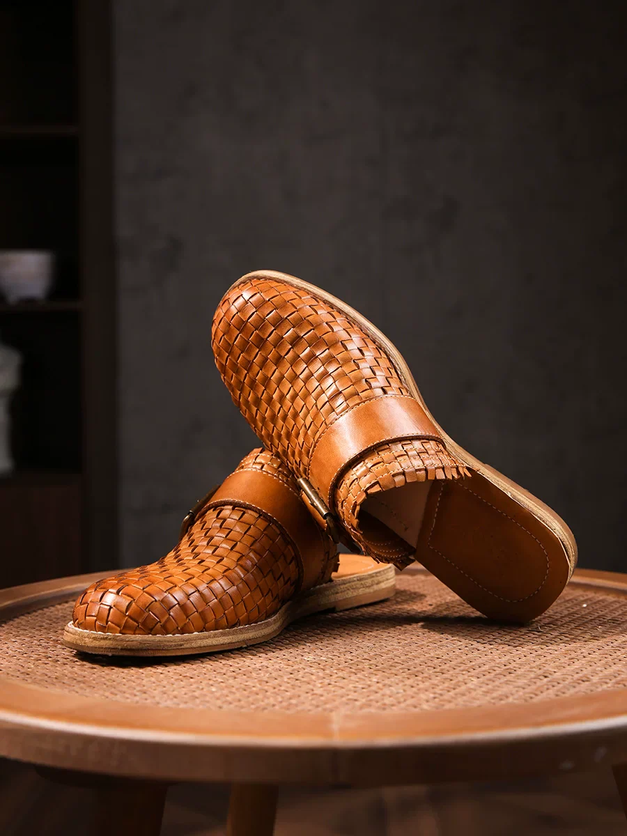 Vegetable tanned washed fetal cowhide handwoven Roman sandals
