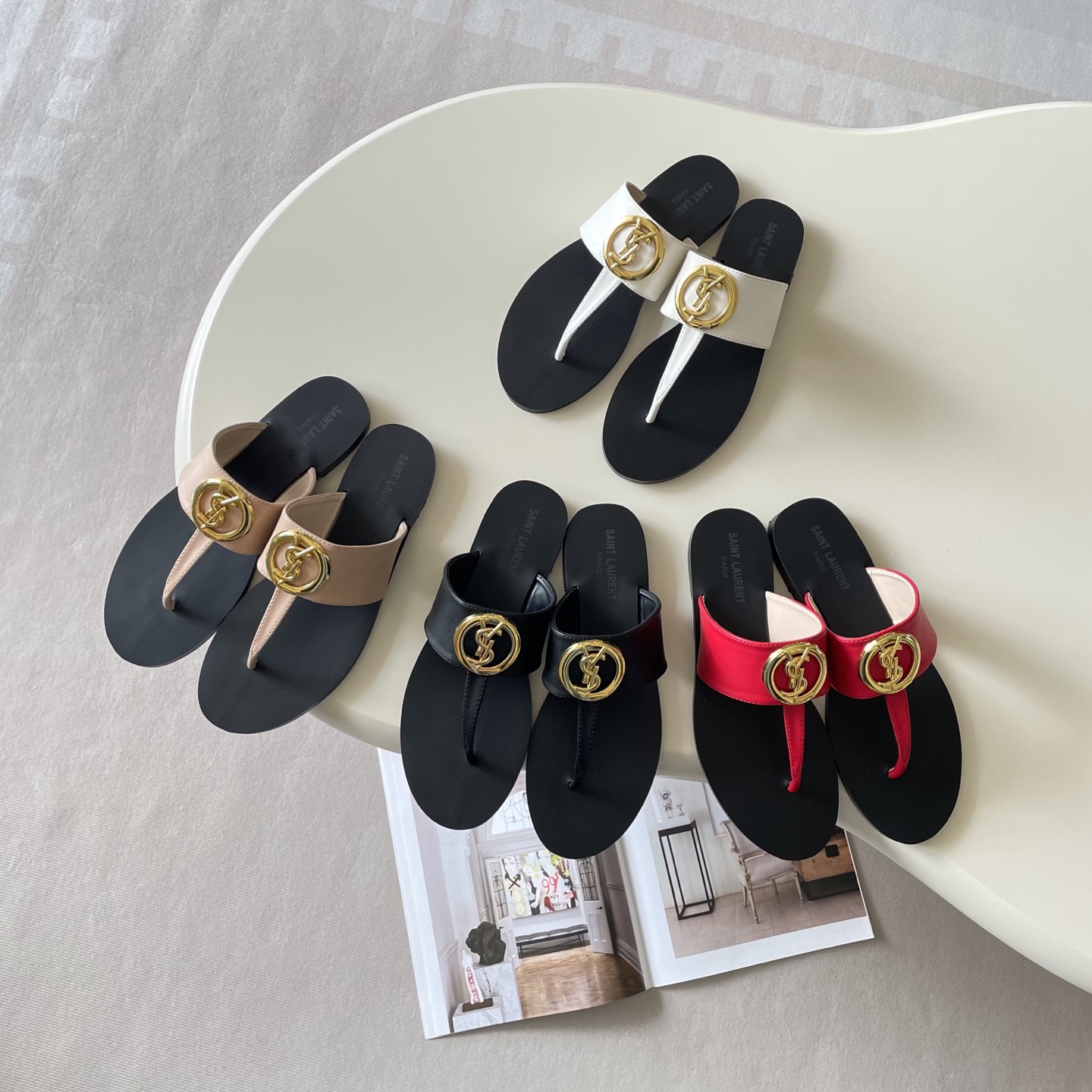 YSL Round Gold YSL Emblem Smooth Leather T-Strap Flat Slide Thong Sandals