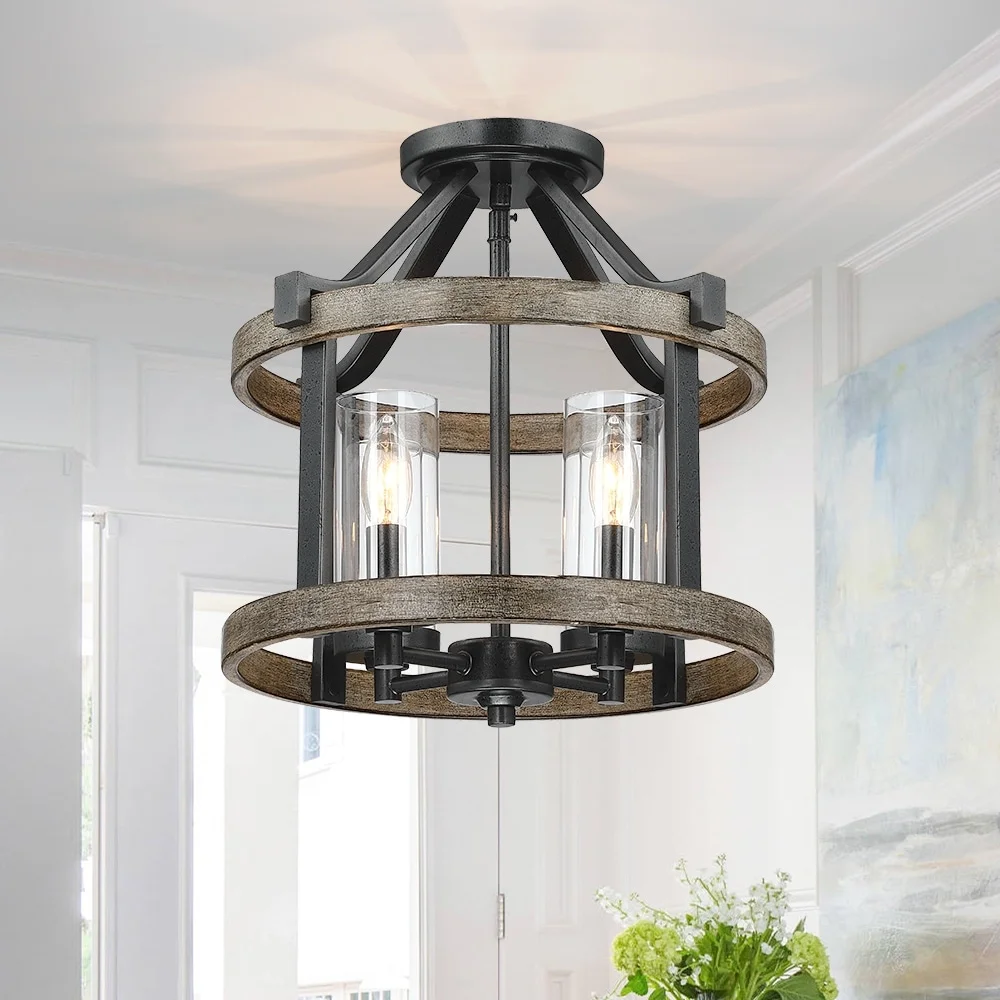 TRUE FINE 12.5 in. 4-Light Natural Iron and Distressed Faux Wood Modern Farmhouse Semi-Flush Mount Ceiling Light - 12.5