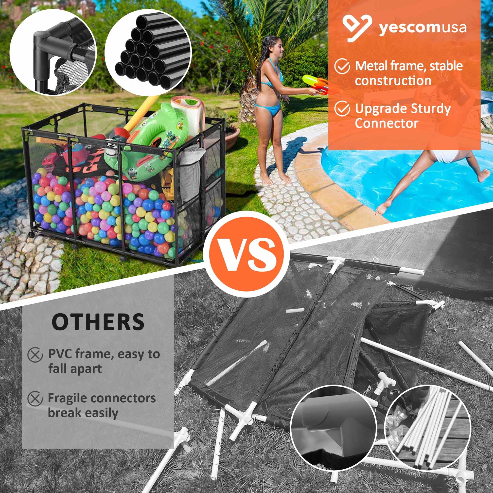 Yescom Metal Frame 10 Wheels Rolling Mesh Pool Storage Bin Organizer for Pool Toys Balls, Black