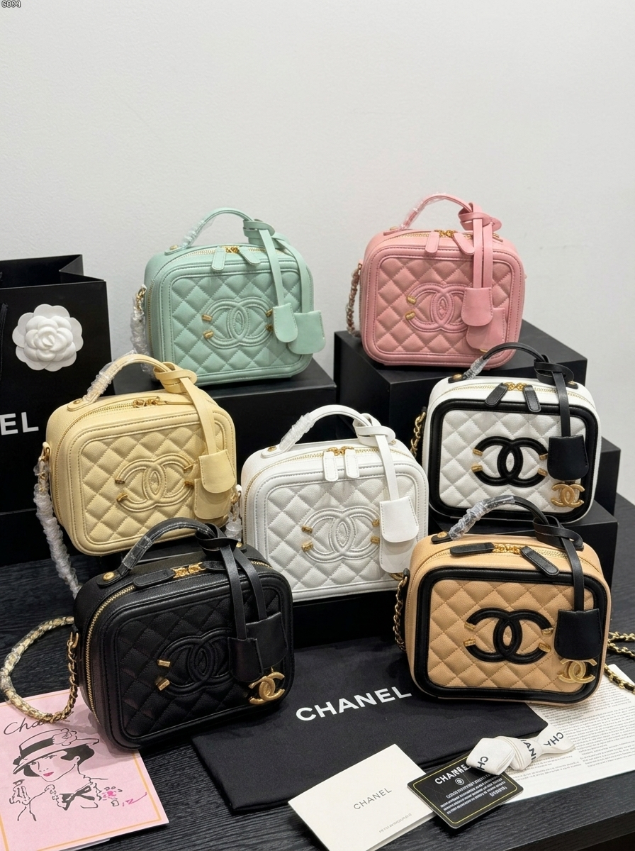 Chanel Small Square Vanity Case Quilted Caviar Leather CC Logo Filigree Top Handle Crossbody Bag
