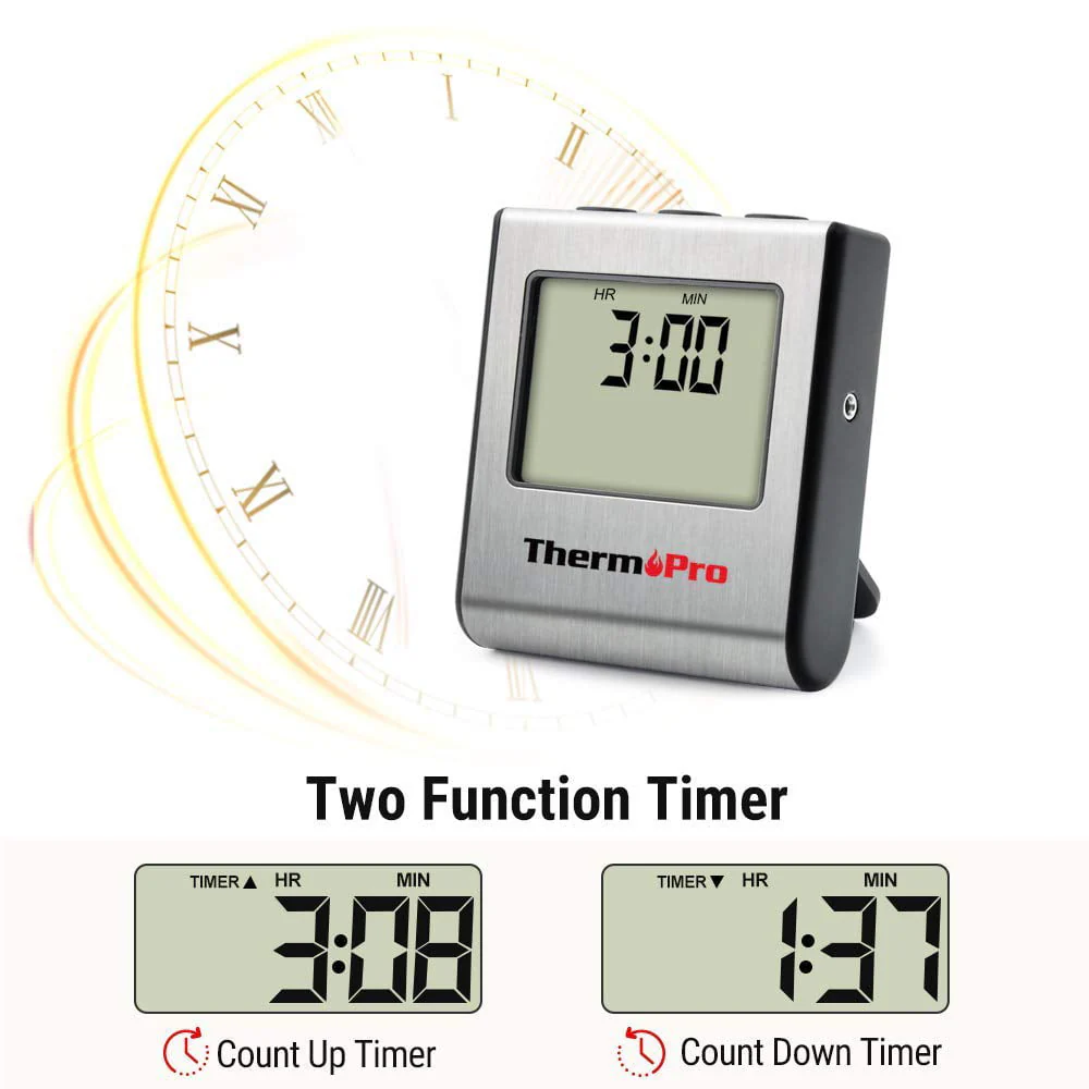 ThermoPro TP-16 Large LCD Cooking Food Meat Thermometer for Smoker Oven Kitchen BBQ Grill Thermometer Clock Timer with Stainless Steel Temperature Prob