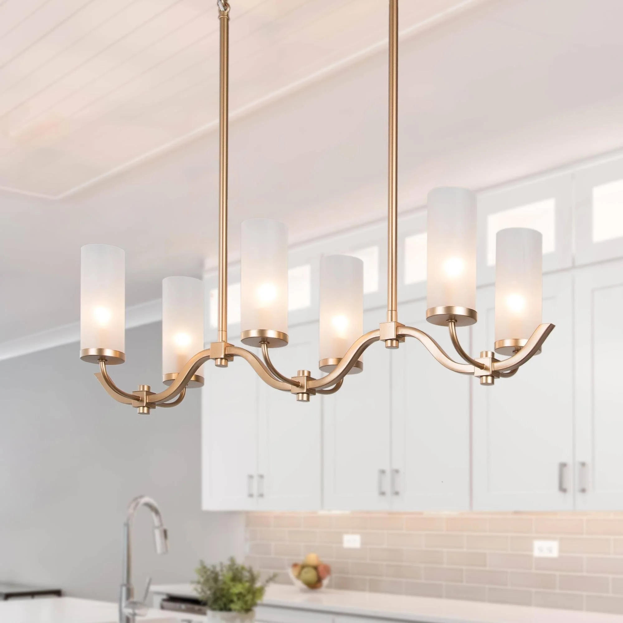 LNC Kayna Mid-Century Modern 6-Light Chandelier Frosted Glass Lights for Kitchen Island Gold L 30
