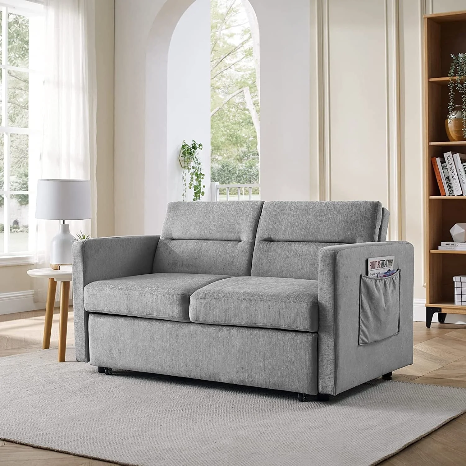 54.5" Pull Out Sofa Sleeper Couch, 3-in-1 Convertible Sleeper Sofa Bed for Living Room Apartment, Breathable Chenille Adjustable Sleeper Loveseat with Pull Out Bed and Side Pockets, Gray