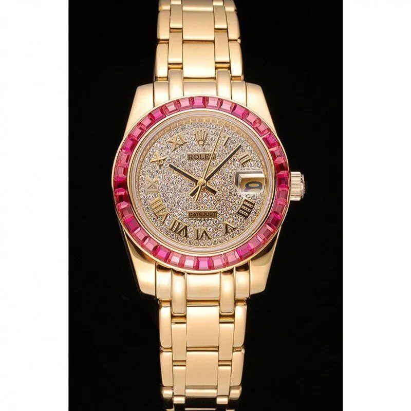 Rolex Datejust Diamond Dial Pink Jewels Bezel Gold Case And Bracelet 622835