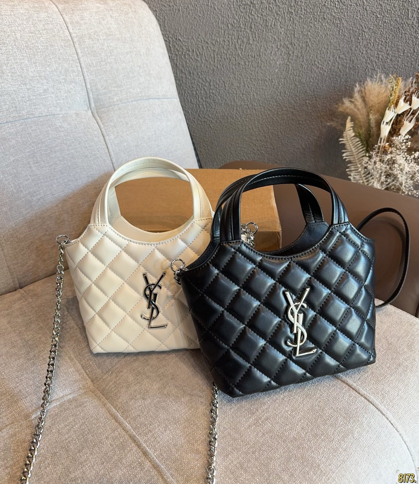 YSL Icare Mini Monogram Quilted Leather Silver/Gold Logo Tote Bag With Pouch