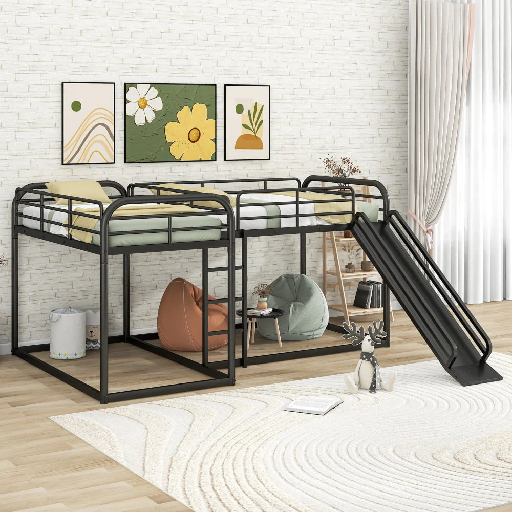 L-Shaped Bunk Bed for 4, Full and Twin Size Bunk Bed with Slide & Short Ladder & Full-length Gardrails, Metal Floor Bunk Bed Frame for Kids Teens Girls Boys, No Box Spring Needed, Black