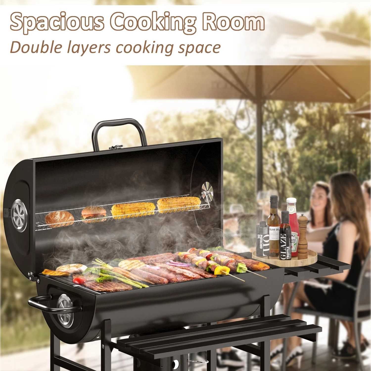 29 Barrel Outdoor Charcoal Grill with Side Shelf and Wheels, Black