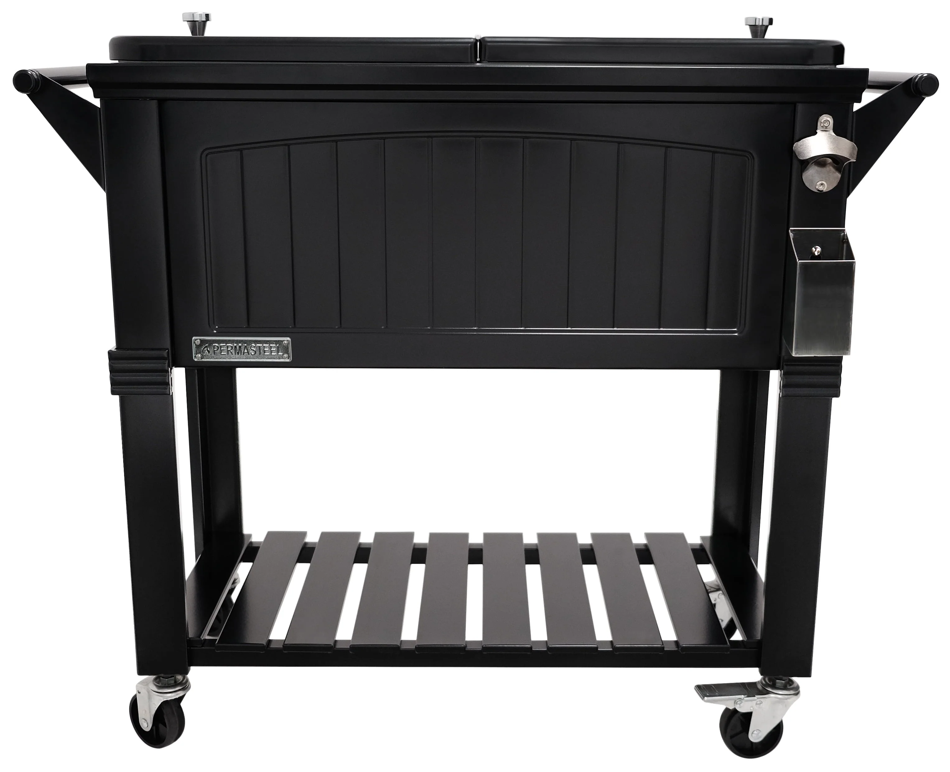 Permasteel 80-Qt Antique Outdoor Steel Patio Cooler on Wheels, Rolling Cooler Cart, Wooden Teak Style, Black