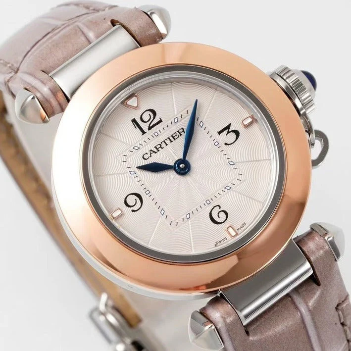 Cartier Watch pasha 30mm quartz pink gold white dial light brown leather