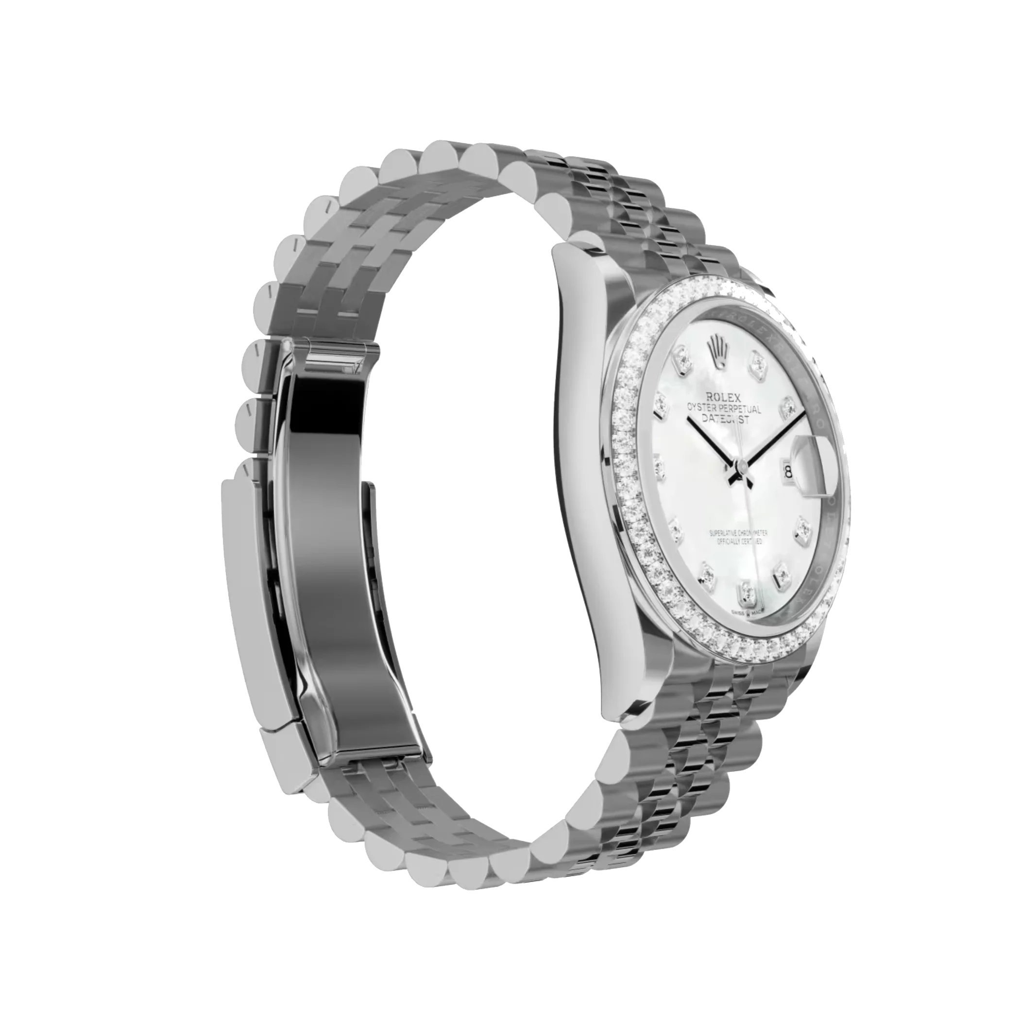 Rolex Datejust: Oystersteel and white gold, white mother-of-pearl, diamond-set dial, Jubilee bracelet, m278384rbr-0008