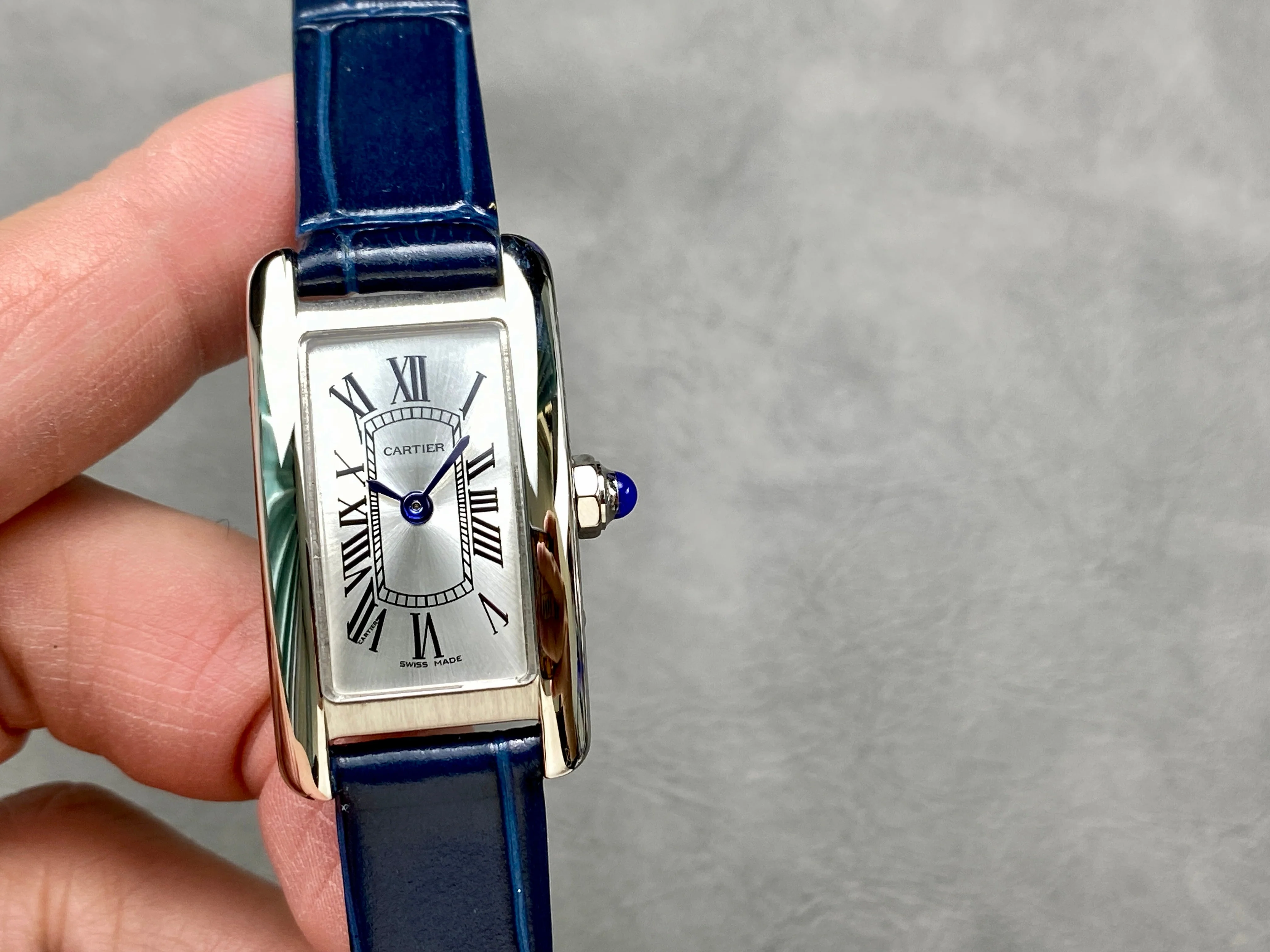 Cartier Watch Tank Americane 20mm Silver Case Blue Leather Strap