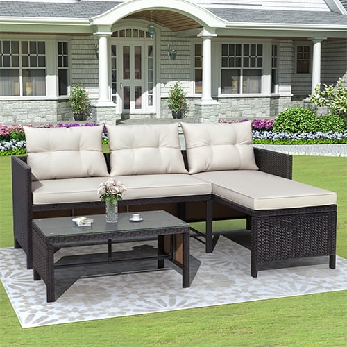 Rattan Patio Sofa Set, 4 Pieces Outdoor Sectional Furniture, All-Weather PE Rattan Wicker Patio Conversation, Cushioned Sofa Set with Glass Table & Storage Box for Patio Garden Poolside Deck