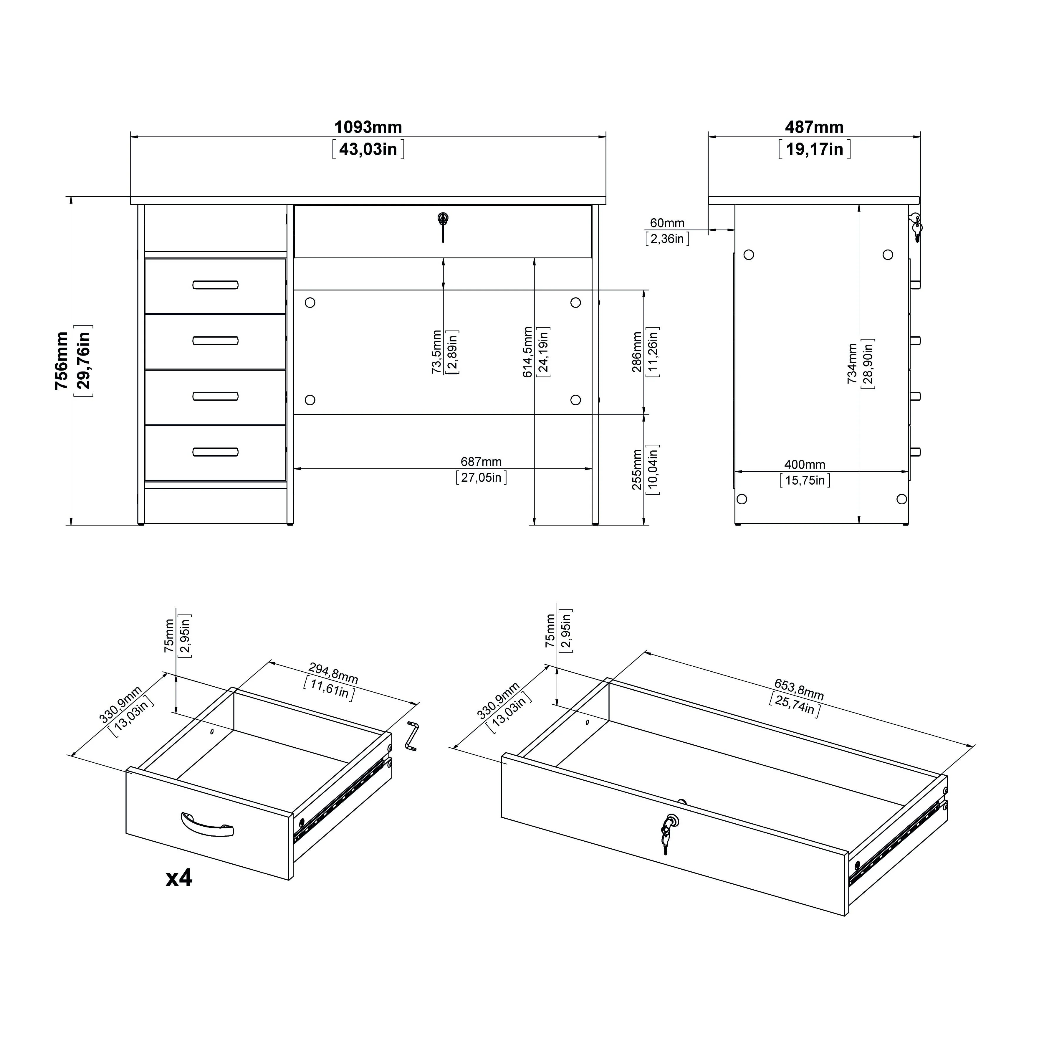 Tvilum Walden Desk with 5 Drawers