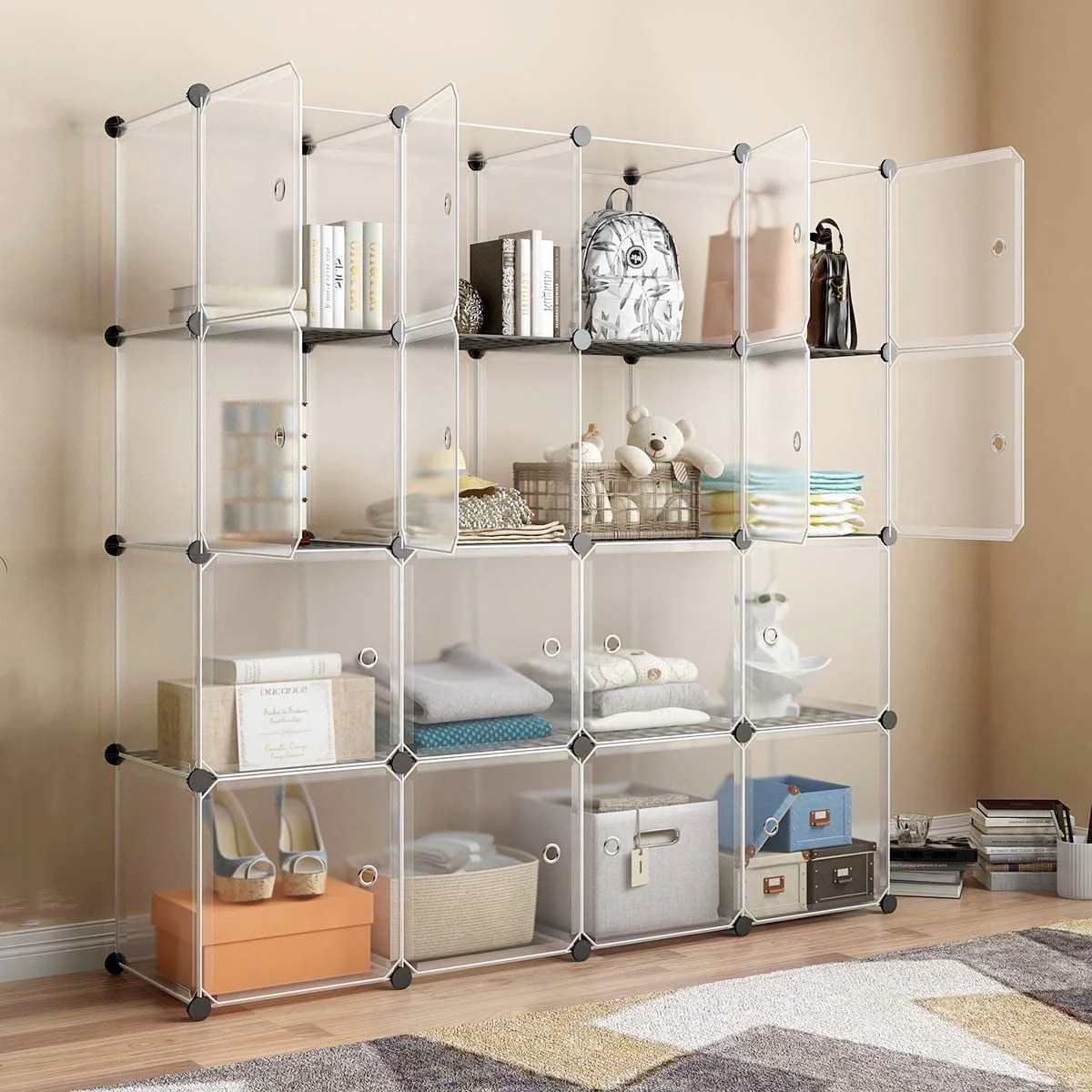 UBesGoo 16-Cube Portable Closet Wire Waredrobe, Bookcase Toy Storage Shelving Organizer Cabinet, White