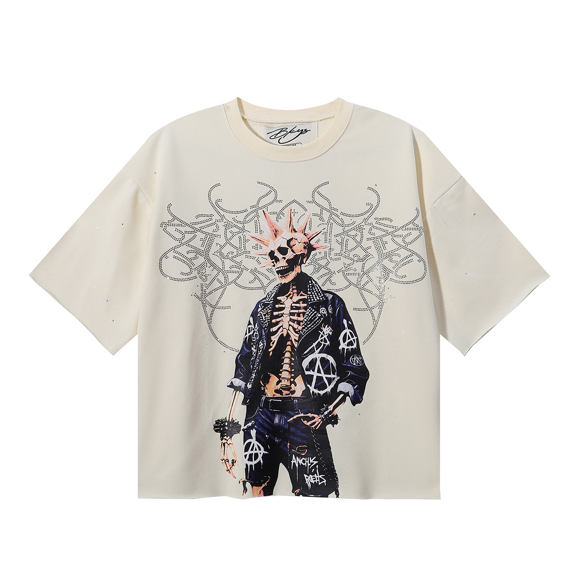 Apricot-colored rivet street-hopper print short-sleeved shirt